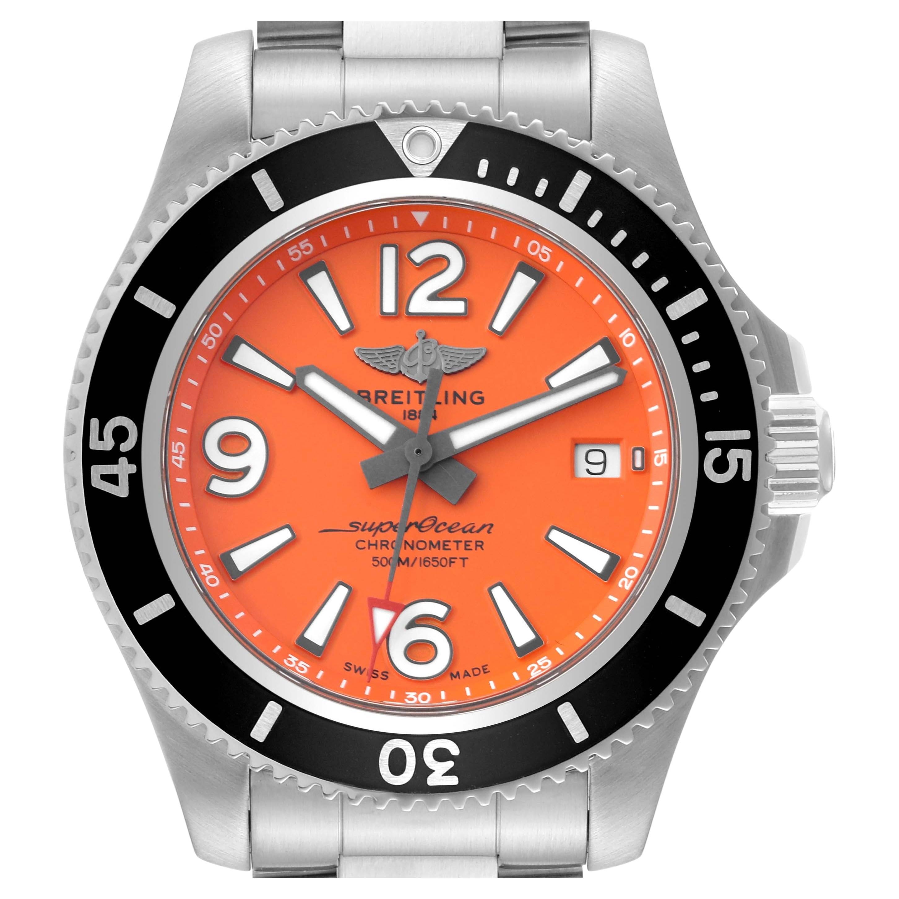 Breitling Superocean 42 Orange Dial Steel Mens Watch A17366 Box Card For Sale
