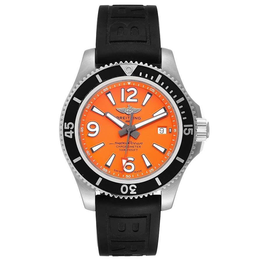 Breitling Superocean 42 Orange Dial Steel Mens Watch A17366 Box Papers. Automatic self-winding movement. Stainless steel case 42.0 mm in diameter. Stainless steel screwed-down crown. Black stainless steel unidirectional revolving bezel. 0-60