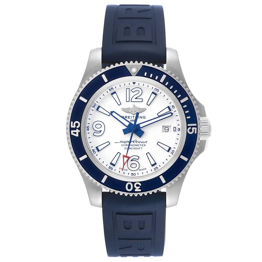 Breitling Superocean 42 White Dial Steel Mens Watch A17366 Box Card. Automatic self-winding movement. Stainless steel case 42.0 mm in diameter. Stainless steel screwed-down crown. Blue stainless steel unidirectional rotating bezel. 0-60