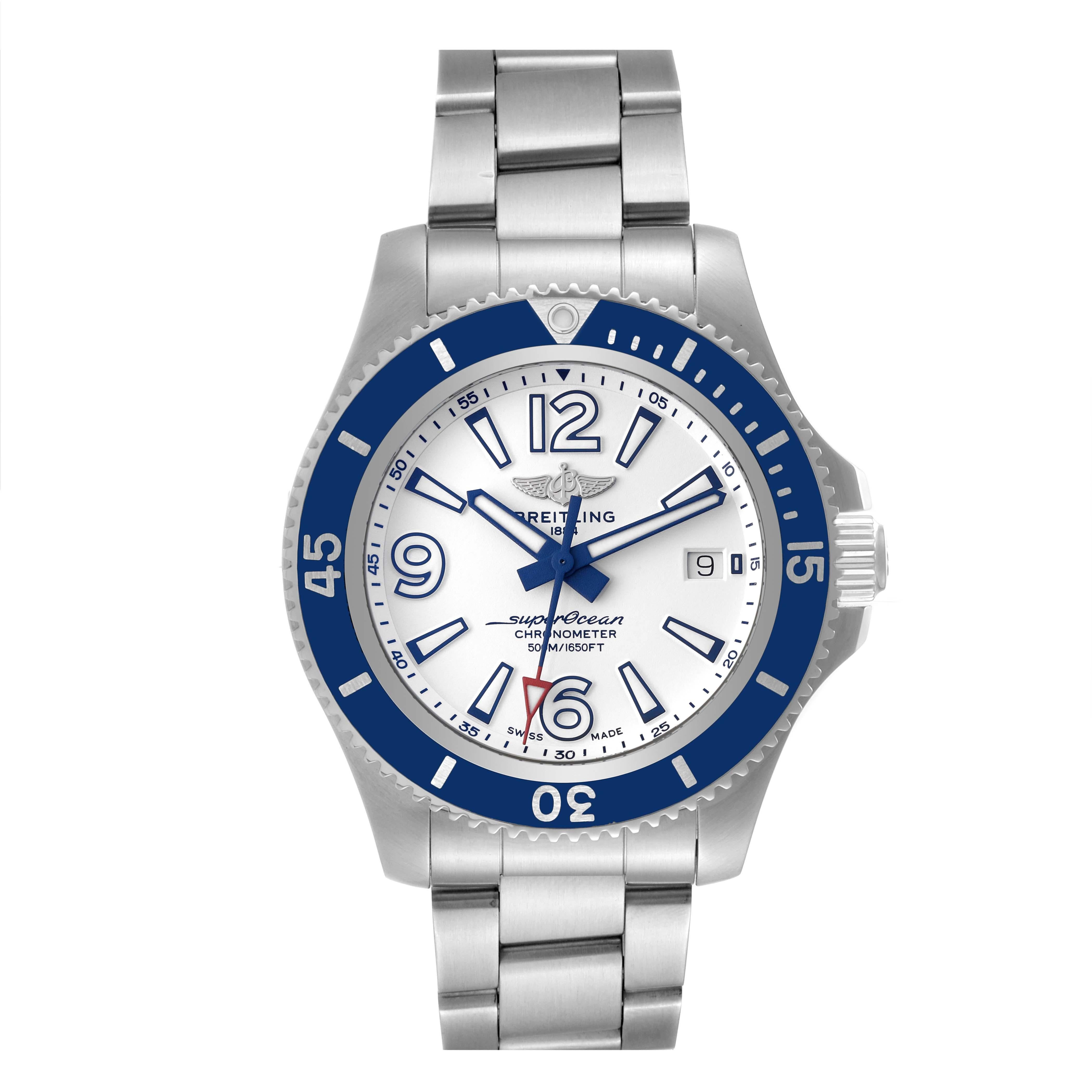 Breitling Superocean 42 White Dial Steel Mens Watch A17366 Box Card. Automatic self-winding movement. Stainless steel case 42.0 mm in diameter. Stainless steel screwed-down crown. Blue stainless steel unidirectional revolving bezel. 0-60