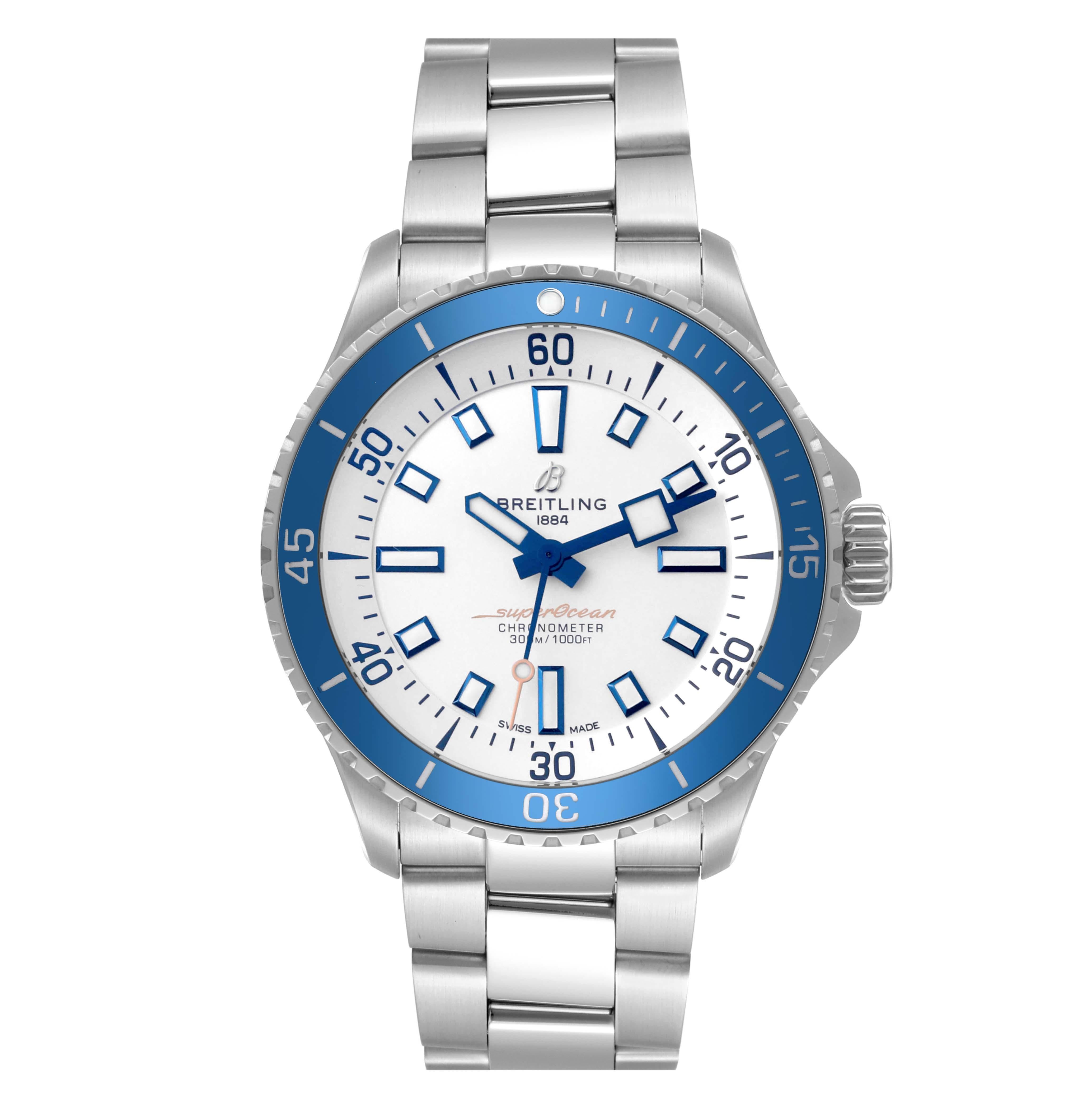 Breitling Superocean 42 White Dial Steel Mens Watch A17375. Automatic self-winding movement. Stainless steel case 42.0 mm in diameter. Case thickness: 12.5 mm. Blue stainless steel unidirectional rotating bezel. 0-60 elapsed time. Scratch resistant