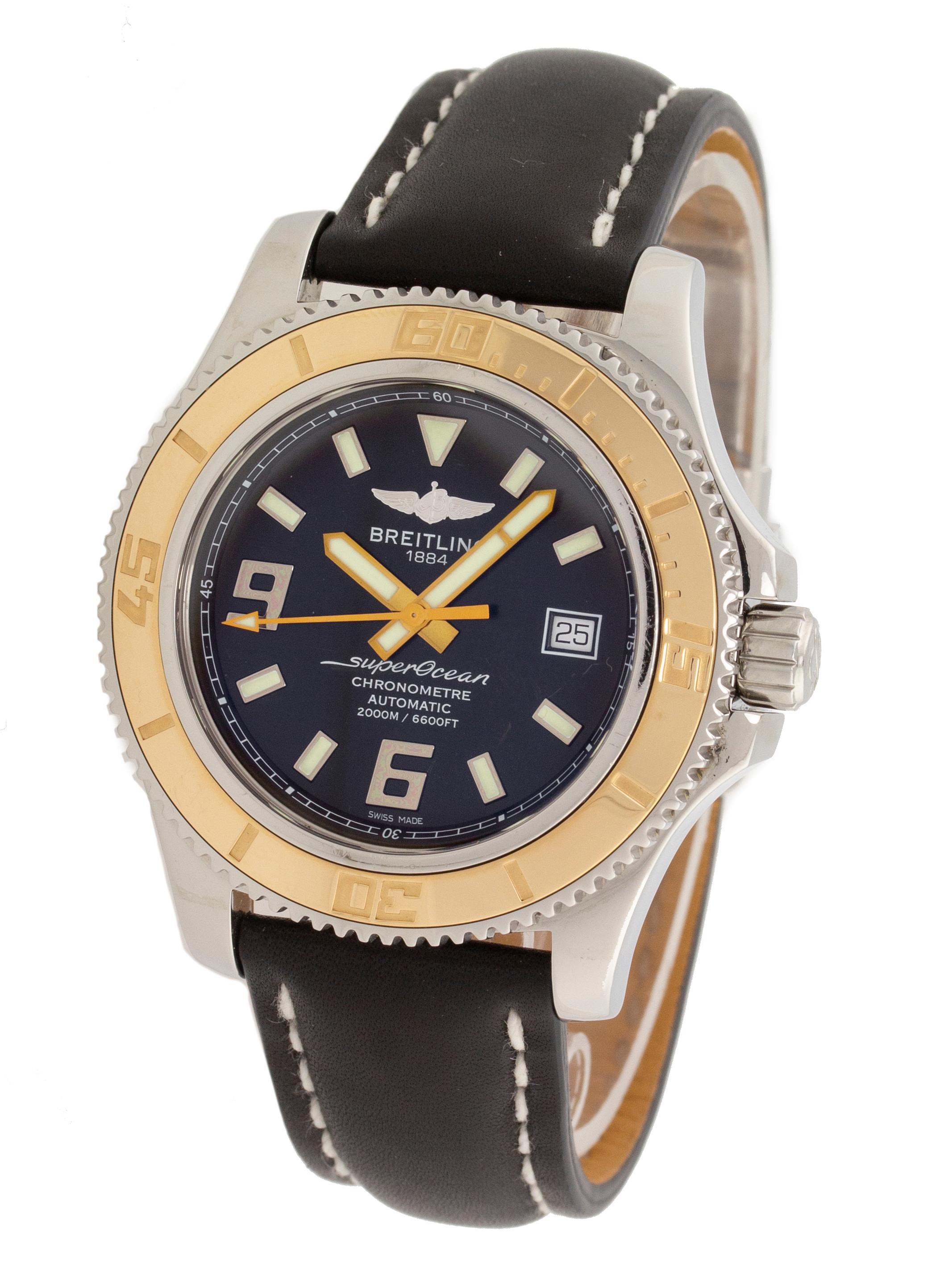 Stainless steel Breitling Superocean 44 automatic watch with a 44mm case, black dial, and black calf leather strap with folding clasp. Features include hours, minutes, seconds, and date. Comes with a Deluxe Gift Box, Breitling Papers, and 2 Year