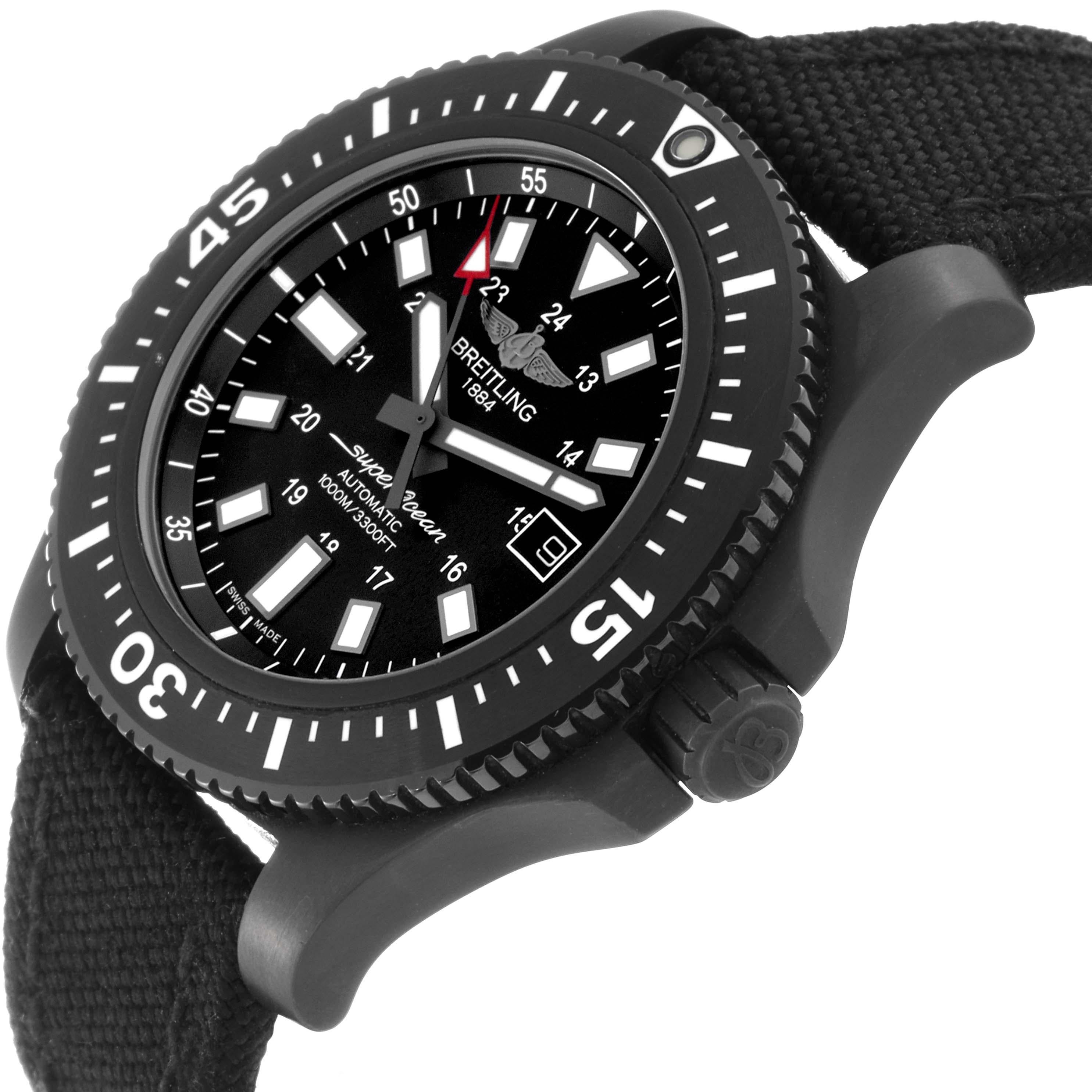 Breitling Superocean 44 DLC Steel Mens Watch M17393. Authomatic self-winding movement. DLC coated stainless steel case 44.0 mm in diameter. Case thickness: 14.2 mm. Black ceramic unidirectional revolving bezel. 0-60 elapsed-time. Scratch resistant