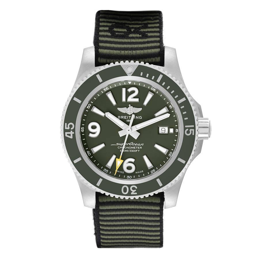 Breitling Superocean 44 Outerknown Green Dial Steel Mens Watch A17367 Box Card. Automatic self-winding movement. Stainless steel case 44 mm in diameter. Stainless steel screwed-down crown. Outerknown logo engraved on caseback, commemorating their