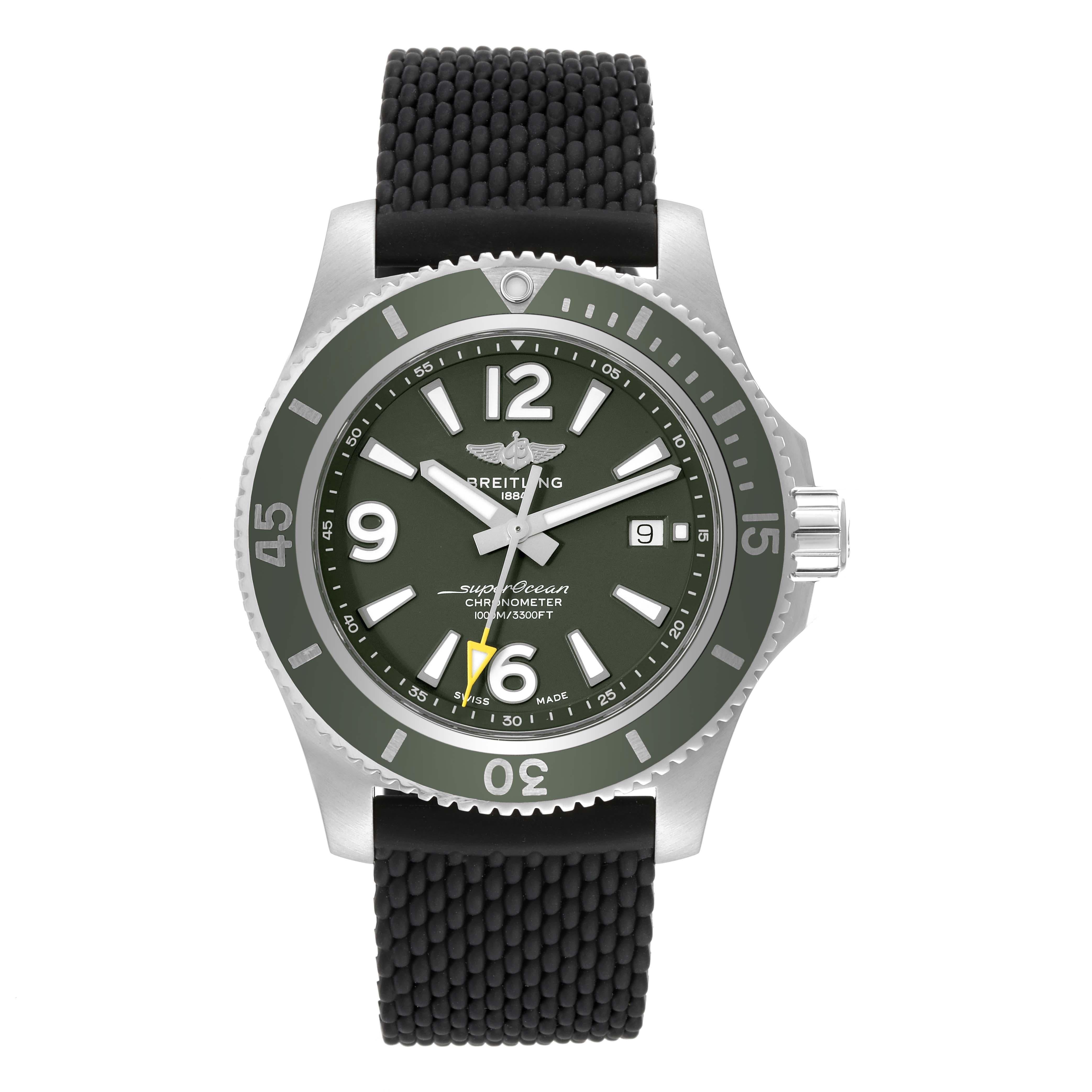 Breitling Superocean 44 Outerknown Green Dial Steel Mens Watch A17367. Automatic self-winding movement. Stainless steel case 44 mm in diameter with screwed-down crown. Outerknown logo engraved on caseback, commemorating their collaboration with