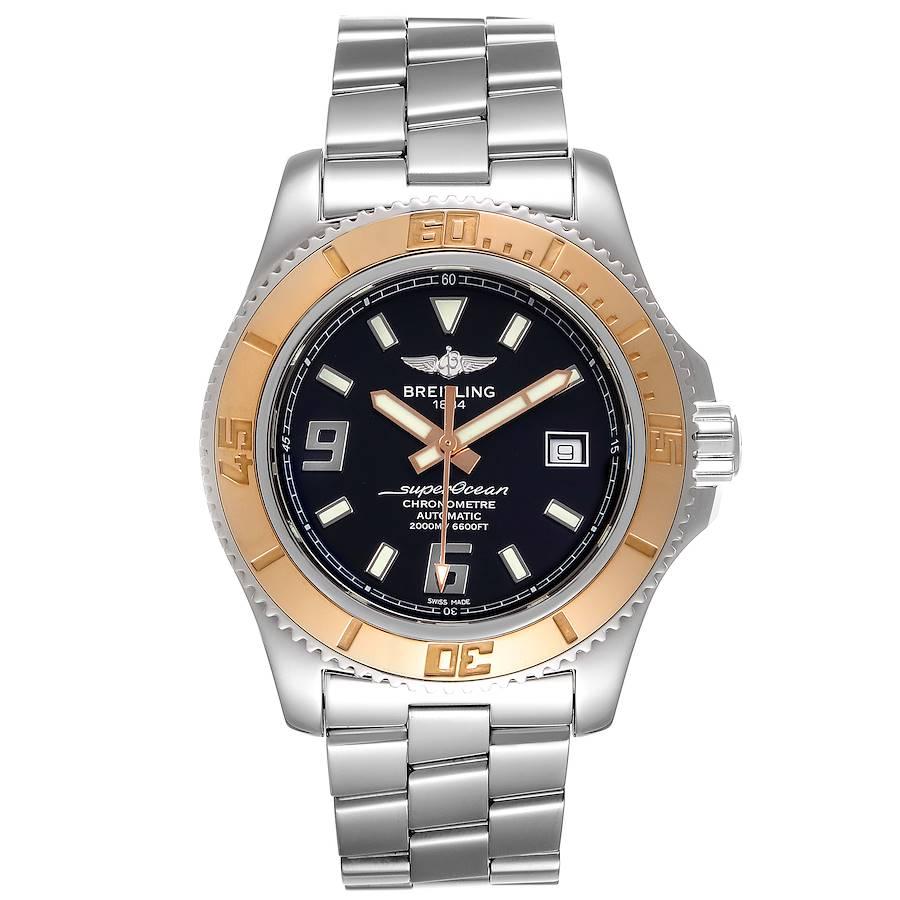 Breitling Superocean 44 Steel Rose Gold Black Dial Mens Watch C17391. Automatic self-winding movement. Stainless steel case 44 mm in diameter. 18K rose gold unidirectional revolving bezel. Scratch resistant sapphire crystal. Black dial with