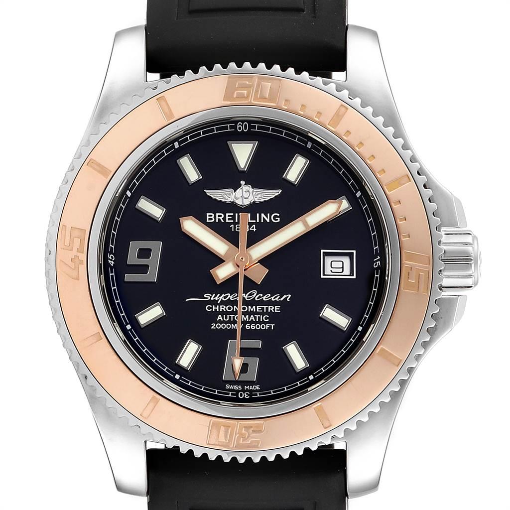 Breitling Superocean 44 Steel Rose Gold Mens Watch C17391 Box Papers. Automatic self-winding movement. Stainless steel case 44 mm in diameter. 18K rose gold unidirectional revolving bezel. Scratch resistant sapphire crystal. Black dial with