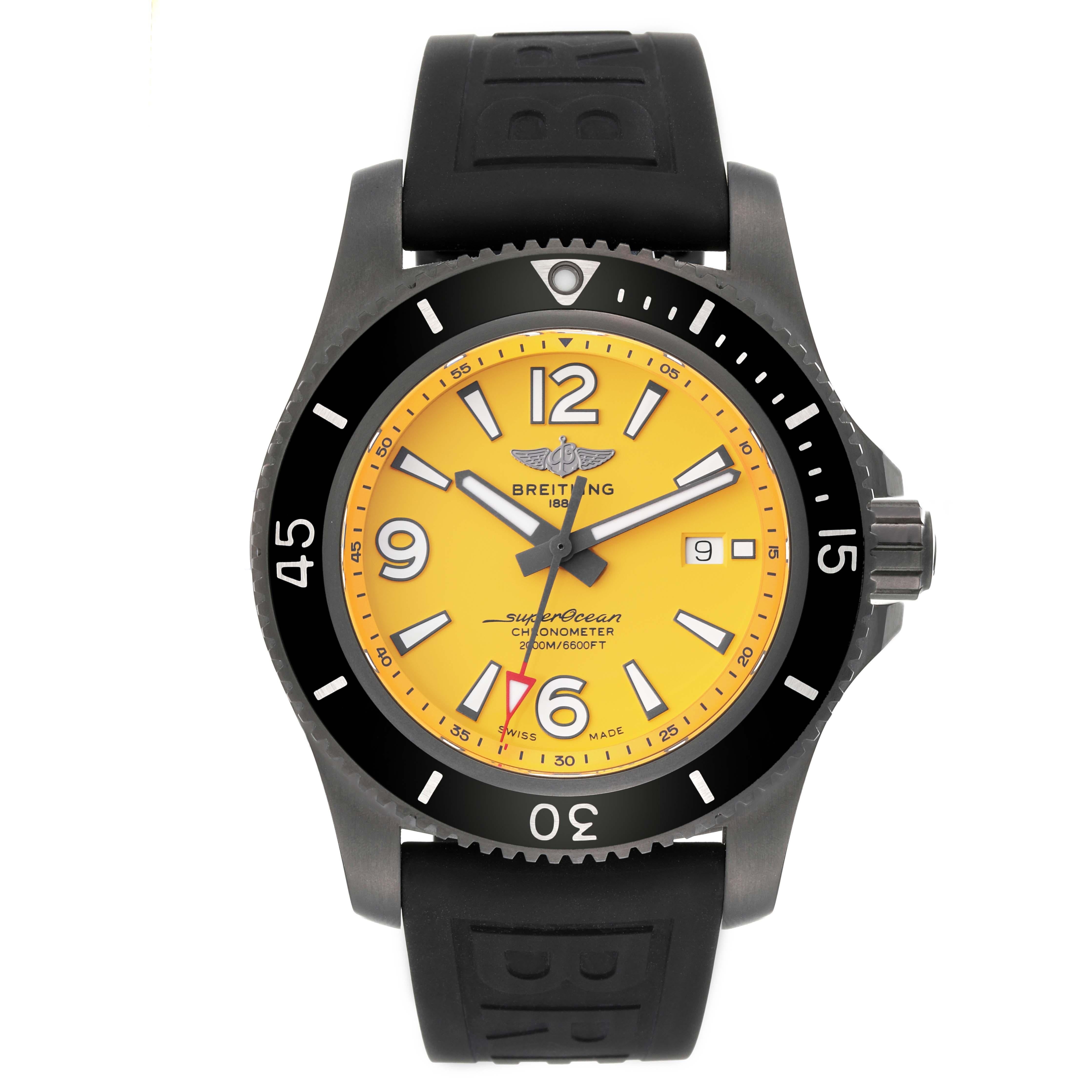 Breitling Superocean 46 Yellow Dial DLC Steel Mens Watch M17368 Box Card. Automatic self-winding movement. DLC coated stainless steel case 46.0 mm in diameter. Stainless steel screwed-down crown. Black DLC coated stainless steel unidirectional