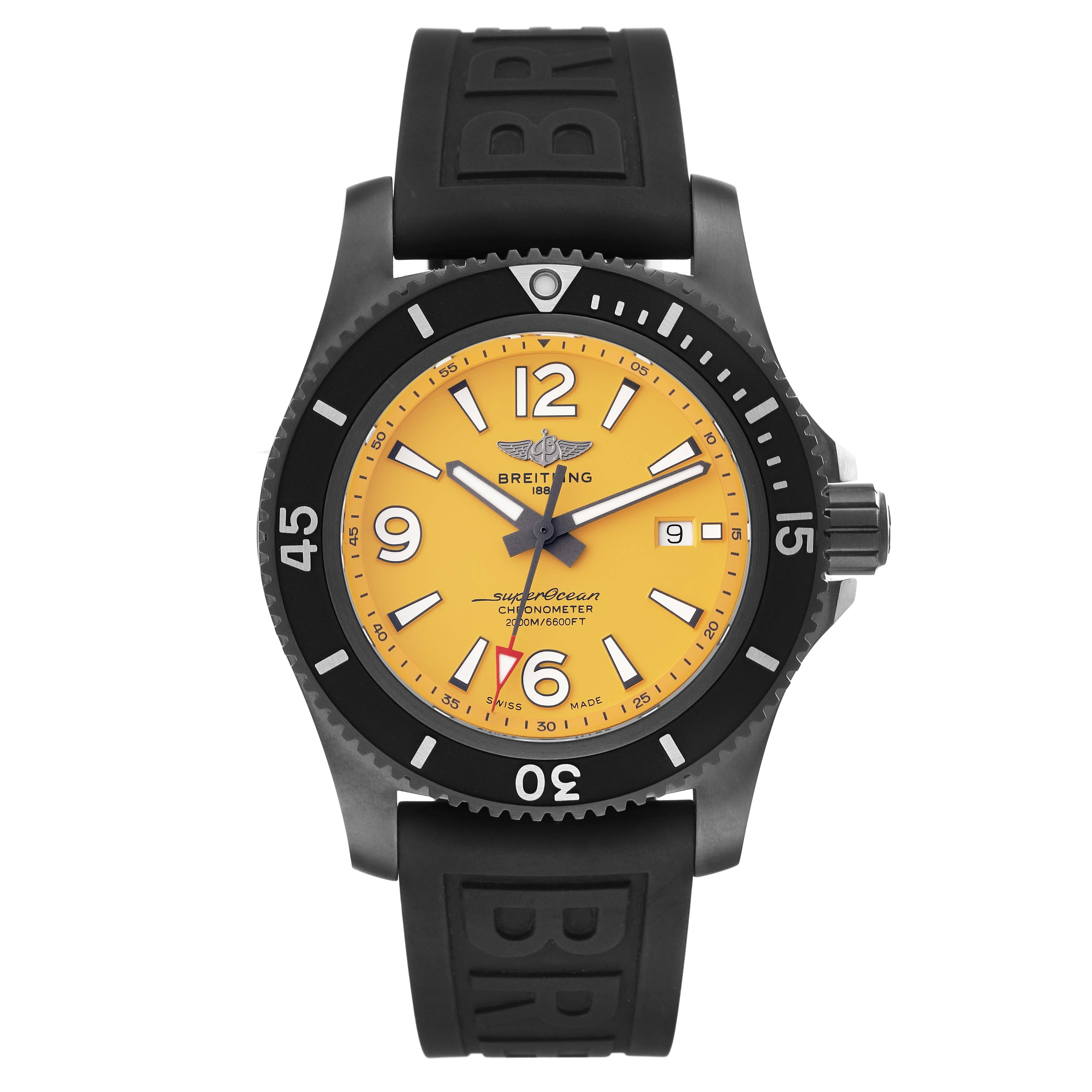 Breitling Superocean 46 Yellow Dial DLC Steel Mens Watch M17368 Unworn. Automatic self-winding movement. DLC coated stainless steel case 46.0 mm in diameter. Stainless steel screwed-down crown. Black DLC coated stainless steel unidirectional