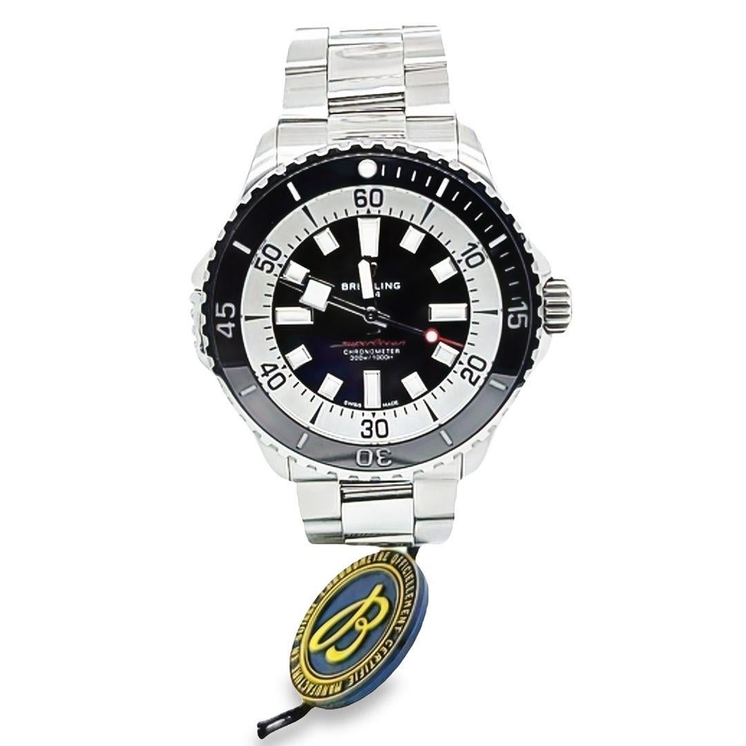 Pre-Owned Breitling Superocean Automatic 46 Watch Featuring A Black Dial with White Inner Flange and Black Ceramic Bezel On Stainless Steel Bracelet. Includes Original Box and Active Warranty Card. Model A17378. $5,300 MSRP