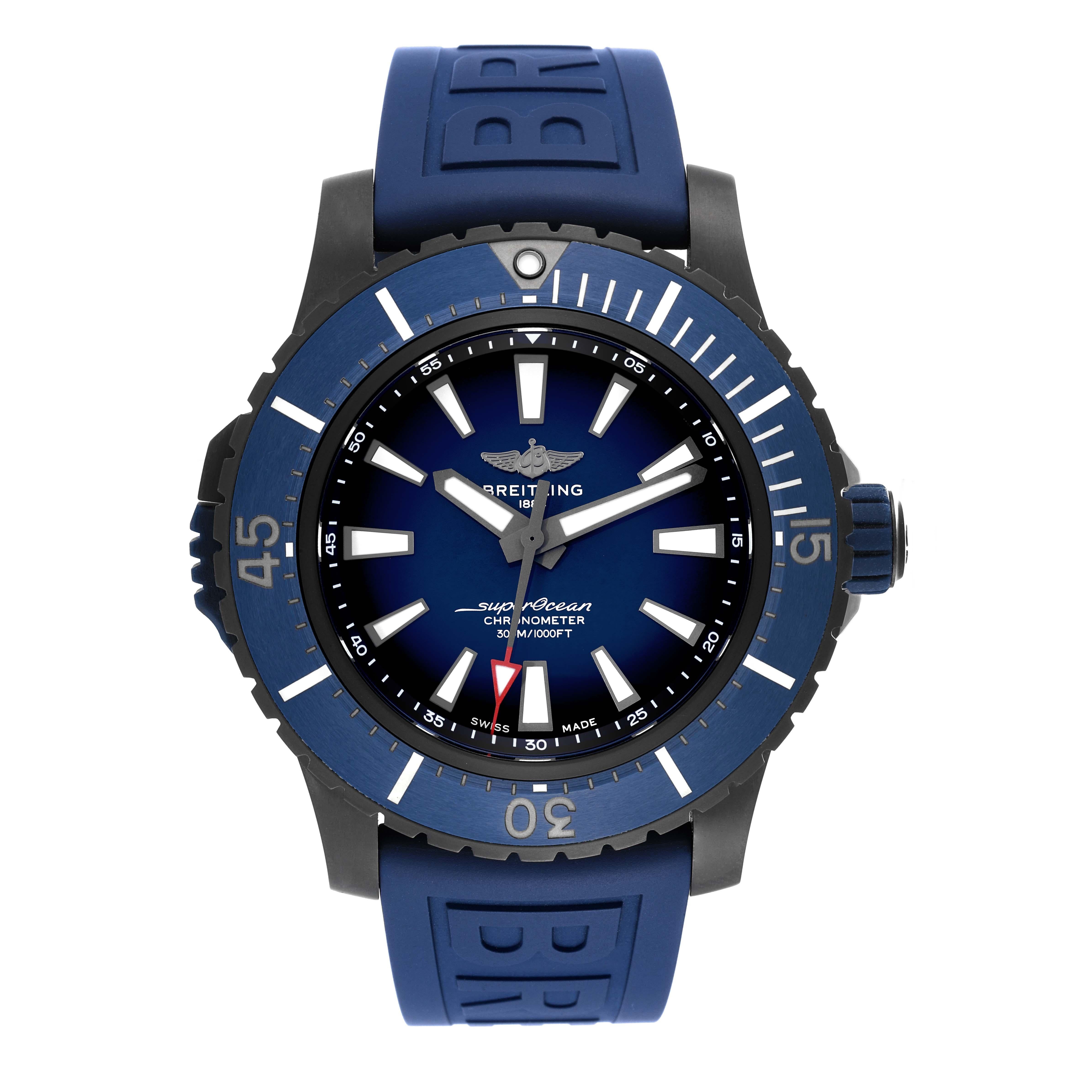 Breitling Superocean 48 Blue Dial Titanium Mens Watch V17369 Box Card. Automatic self-winding movement. DLC coated titanium case 48.0 mm in diameter. Rubberized screw down crown. DLC Coated Titanium bidirectional rotating bezel with locking