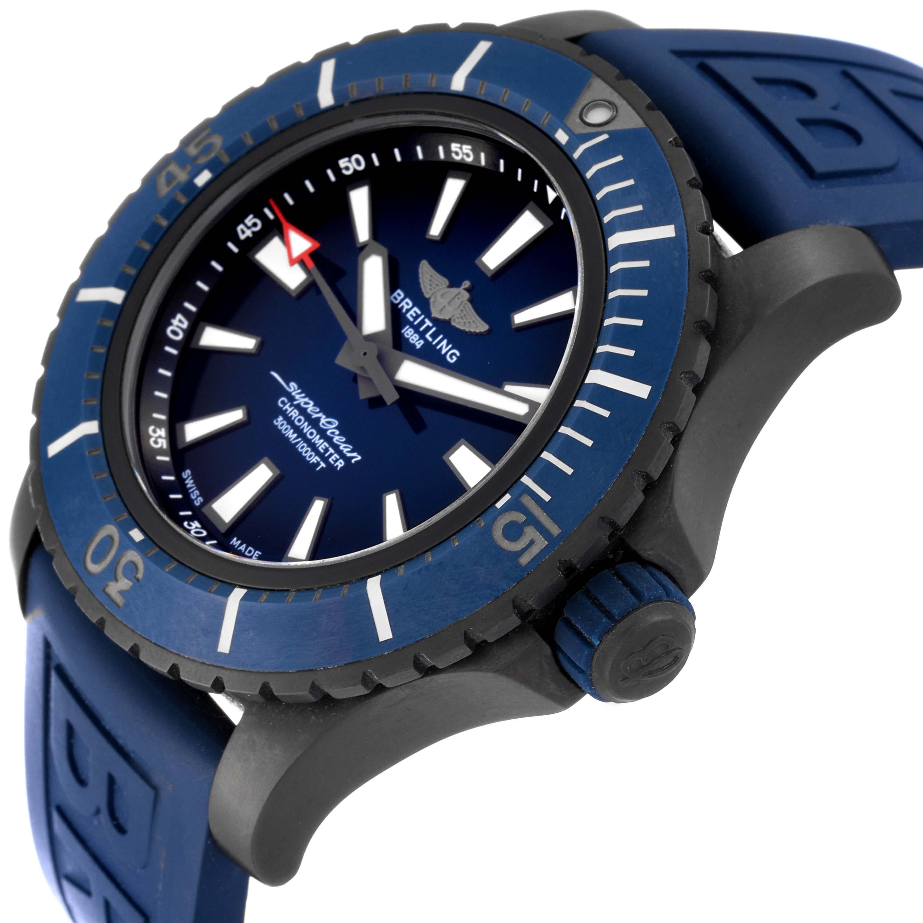 Breitling Superocean 48 Blue Dial Titanium Mens Watch V17369 Box Card. Automatic self-winding movement. DLC coated titanium case 48.0 mm in diameter. Rubberized screw down crown. DLC Coated Titanium bidirectional rotating bezel with locking