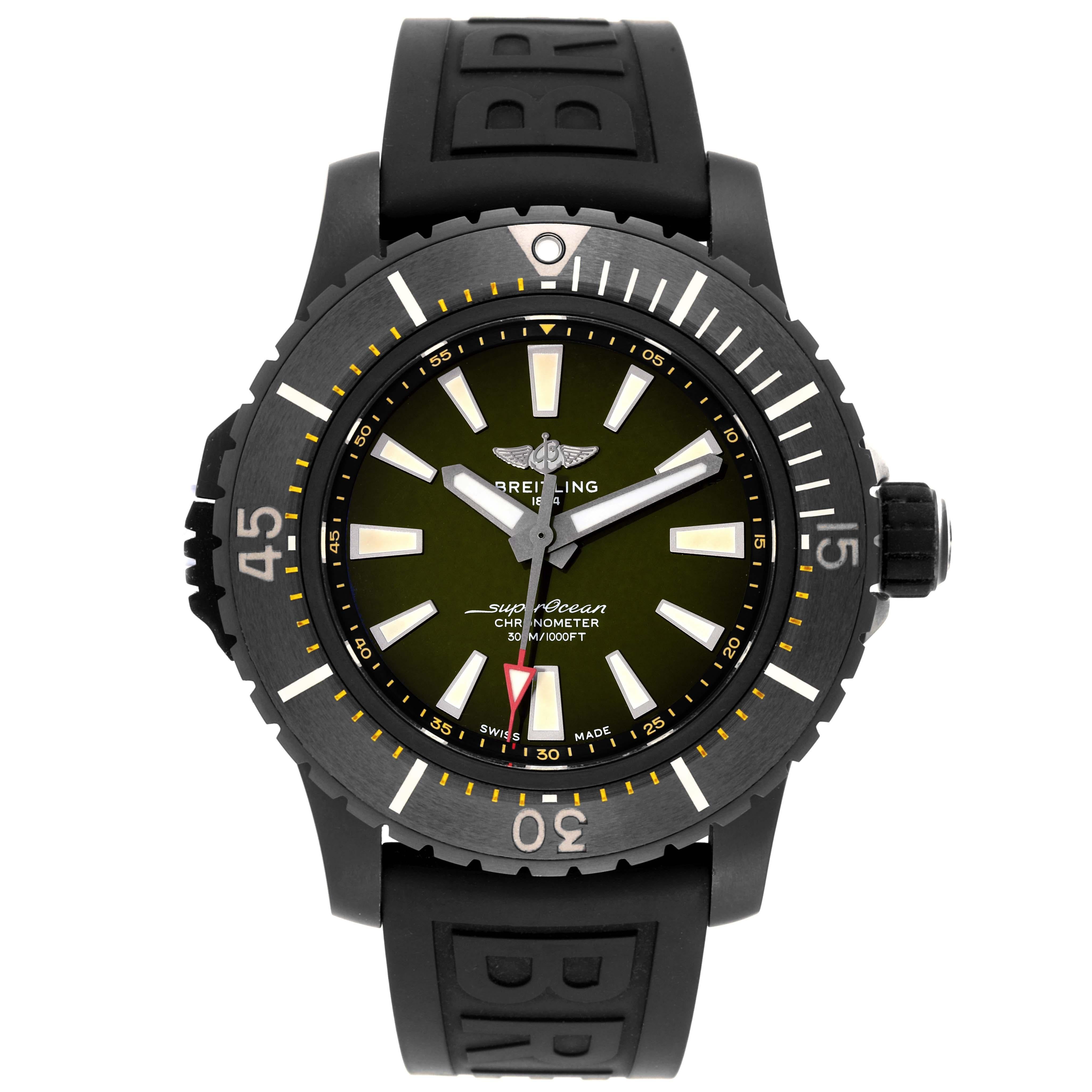 Breitling Superocean 48 Green Dial Titanium Mens Watch V17369 Box Card. Automatic self-winding movement. DLC coated titanium case 48.0 mm in diameter. Rubberized screw down crown. DLC-coated titanium bidirectional rotating bezel with locking