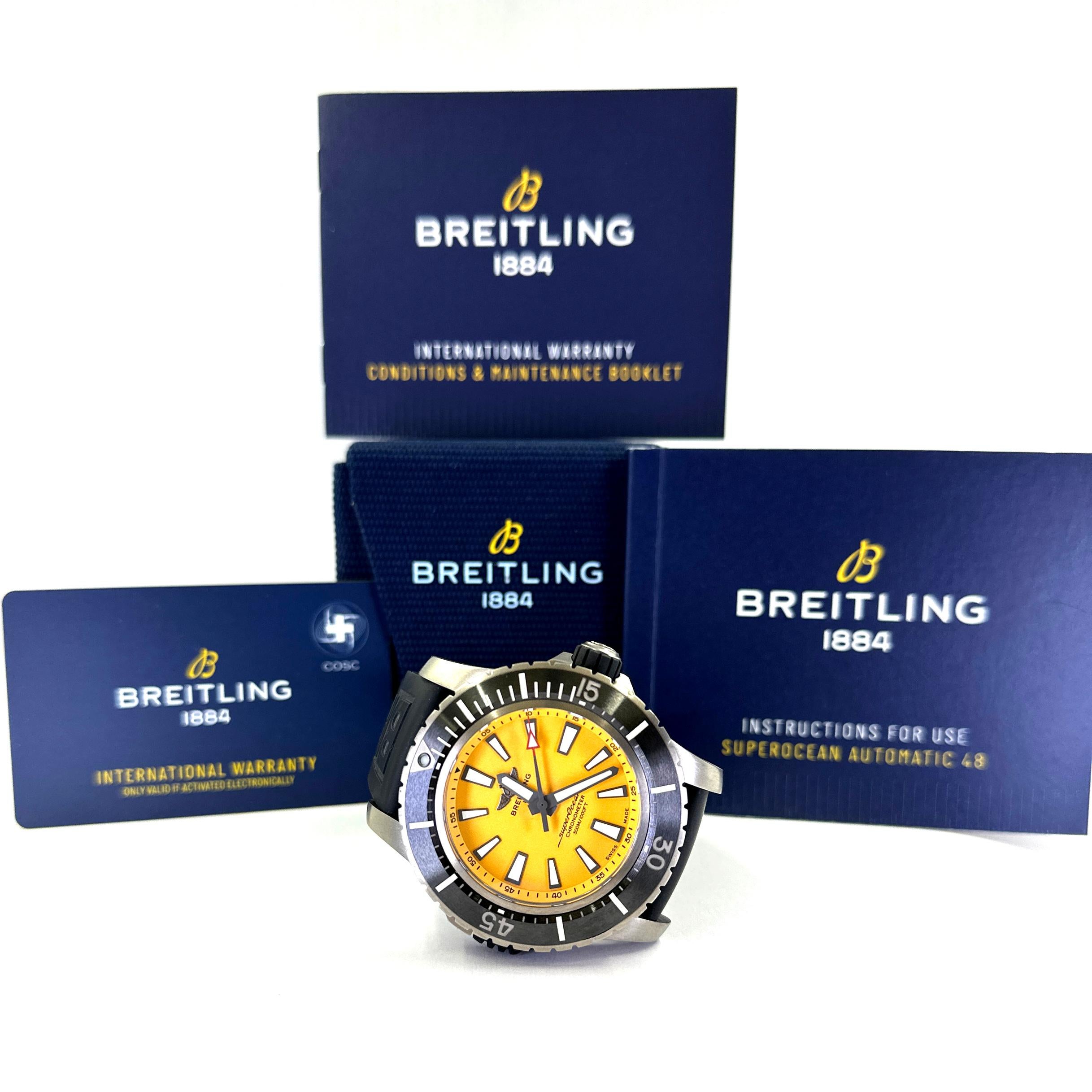 Pre-Owned Breitling Superocean Automatic 48 Watch Crafted in Titanium Featuring A Yellow Dial and Black Rubber Strap. Includes Original Box and Active Warranty Card. Model E17369.