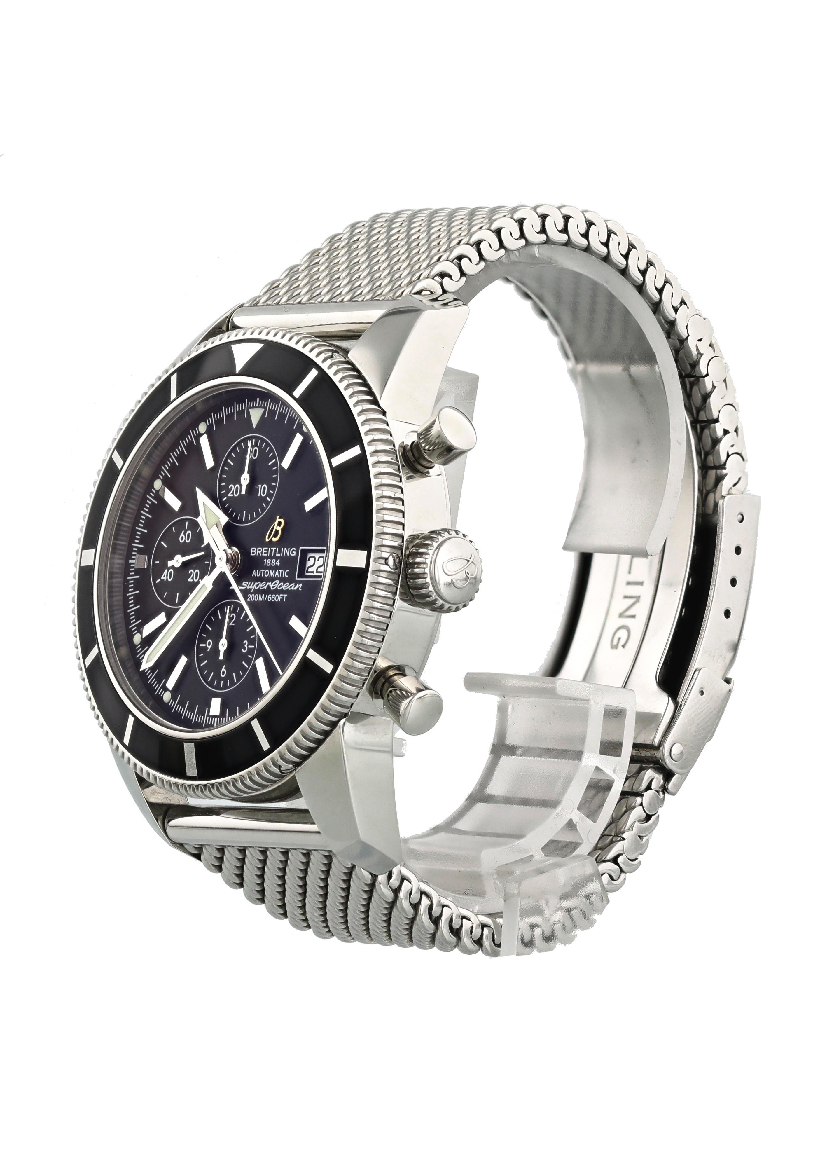 Breitling SuperOcean A13320 Mens Watch. 46mm stainless steel case with a Uni-directional rotating black bezel. Black dial with silver-tone hands and index hour markers. Minute markers around the outer dial. Date display at the 3 o'clock position.