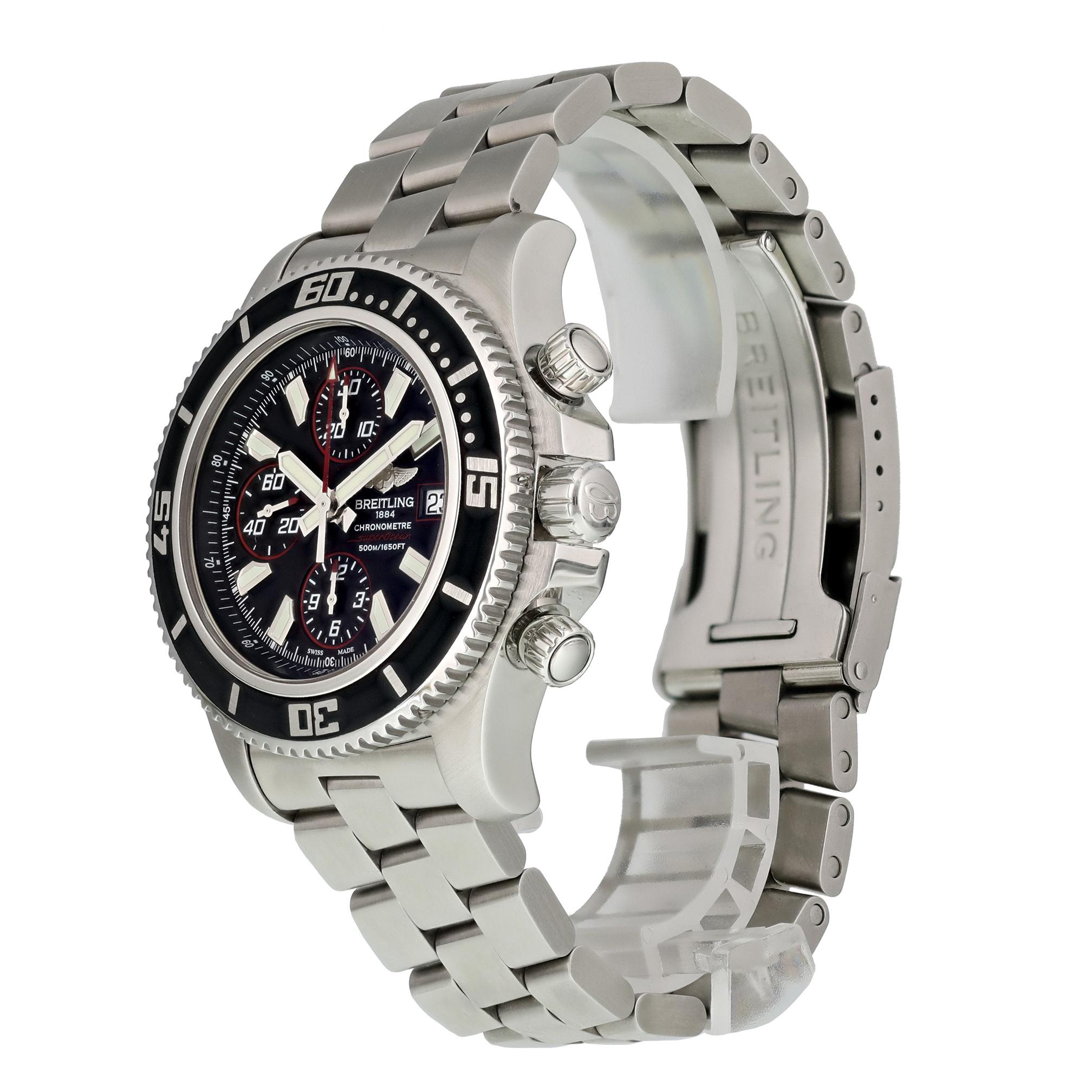 Breitling SuperOcean A13341 Men's Watch. 
47mm Stainless Steel case. 
Stainless Steel Unidirectional bezel. 
Black dial with Luminous Steel hands and index hour markers. 
Minute markers on the outer dial. 
Date display at the 3 o'clock position.