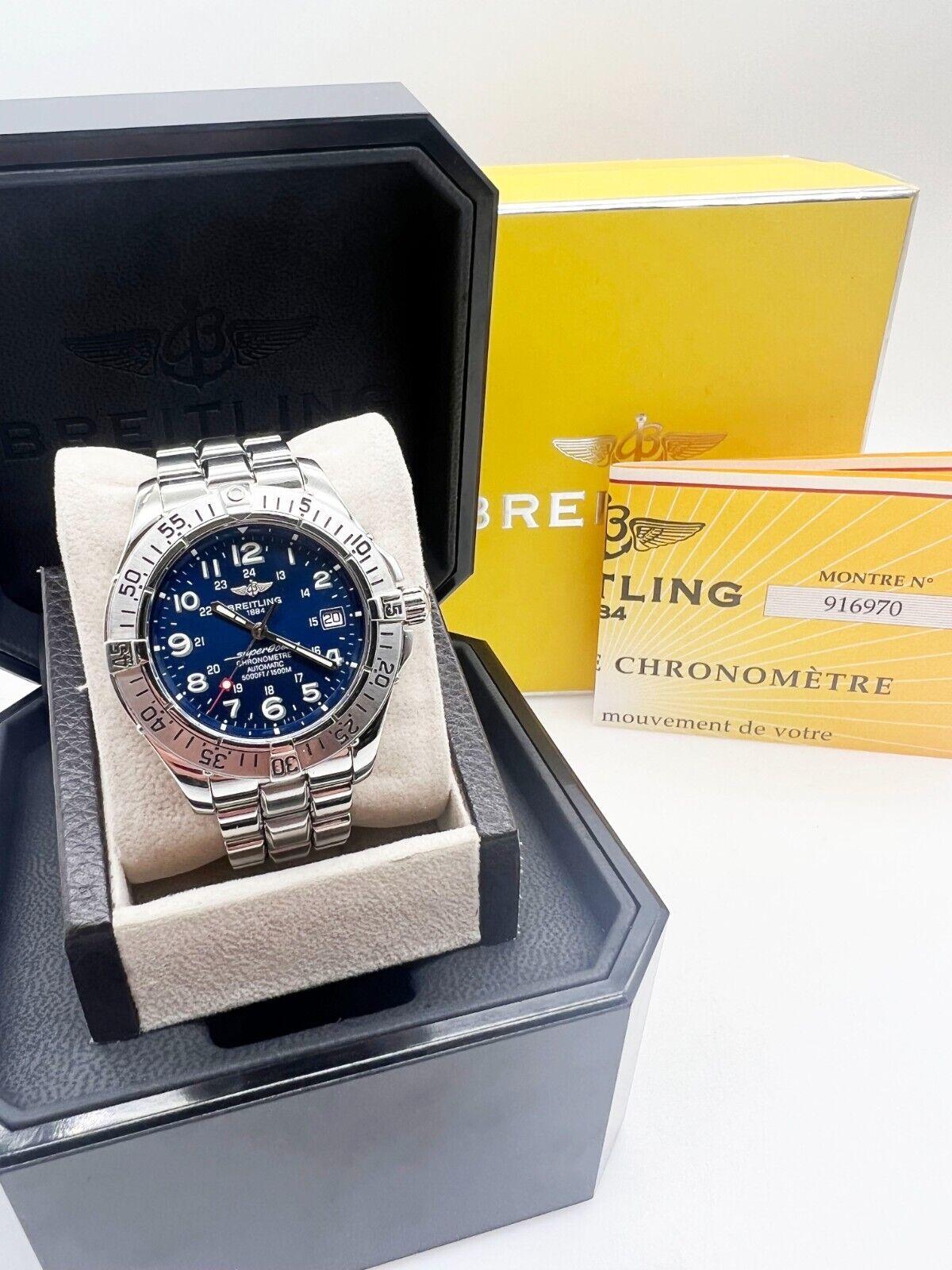 Breitling Superocean A17360 Blaues Zifferblatt Edelstahl-Kastenpapier im Zustand „Hervorragend“ in San Diego, CA
