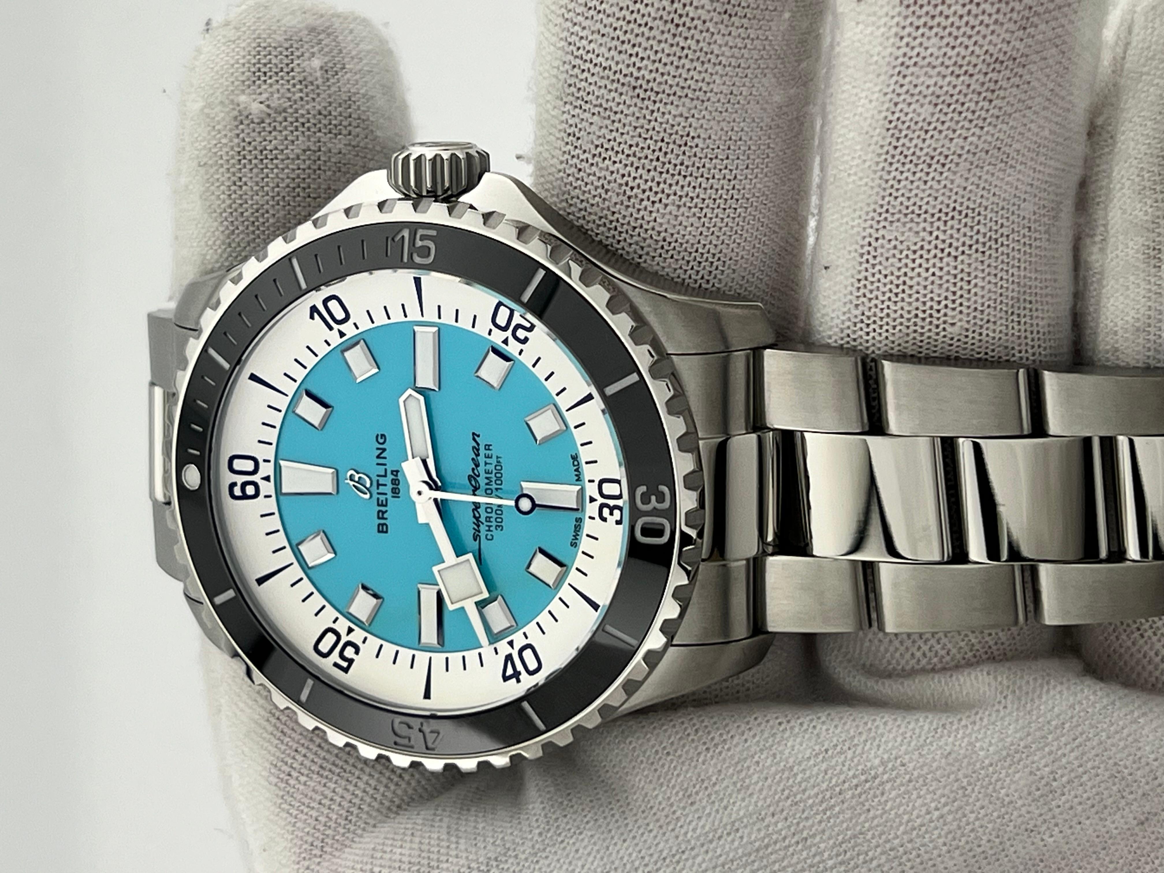 Men's Breitling Superocean A17376 44mm Turquoise Blue Dial Stainless Box Paper