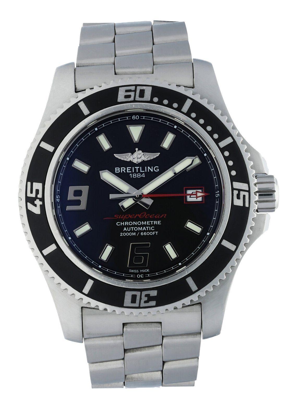Breitling SuperOcean  A17391 Men Watch. 
46mm Stainless Steel case. 
Stainless Steel unidirectional Tachymeter bezel. 
Black dial with Luminous Steel hands with index and dot hour markers. 
Minute markers on the outer dial. 
Date display at the 3