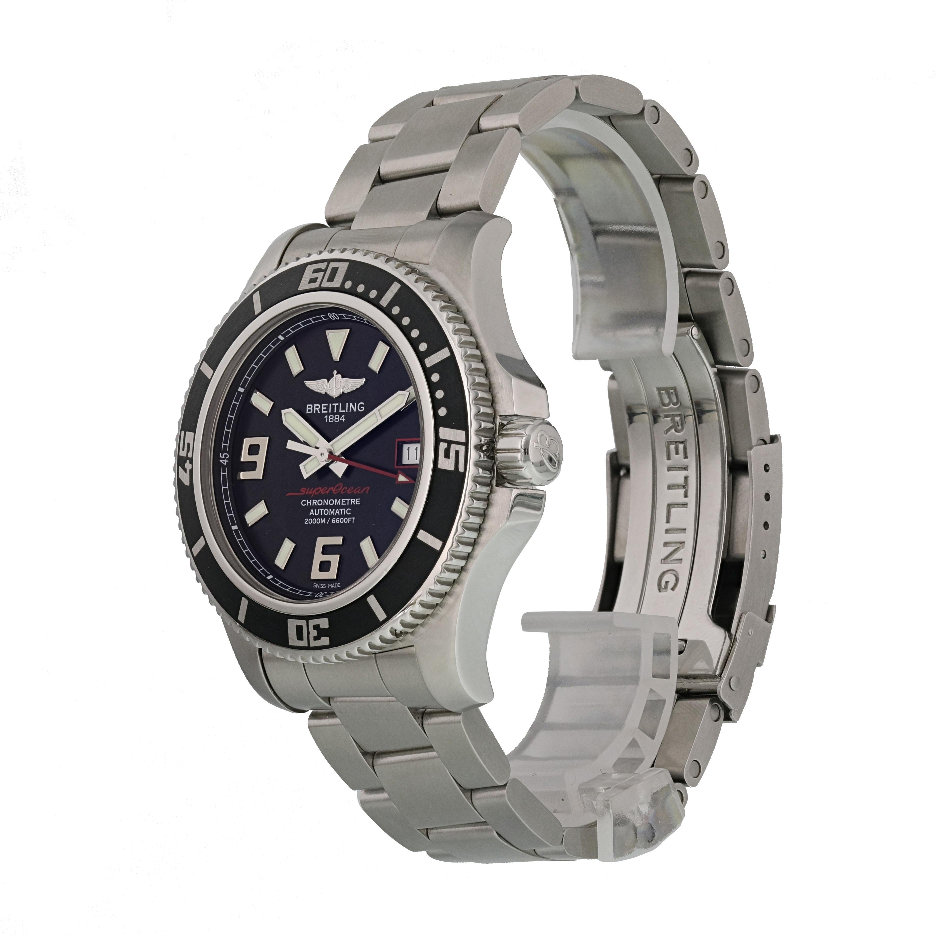 Breitling Superocean A17391 Men's Watch. 
42mm Stainless Steel case. 
Stainless Steel Unidirectional bezel. 
Black dial with Luminous Steel hands and Arabic numeral hour markers. 
Minute markers on the outer dial. 
Date display at the 3 o'clock
