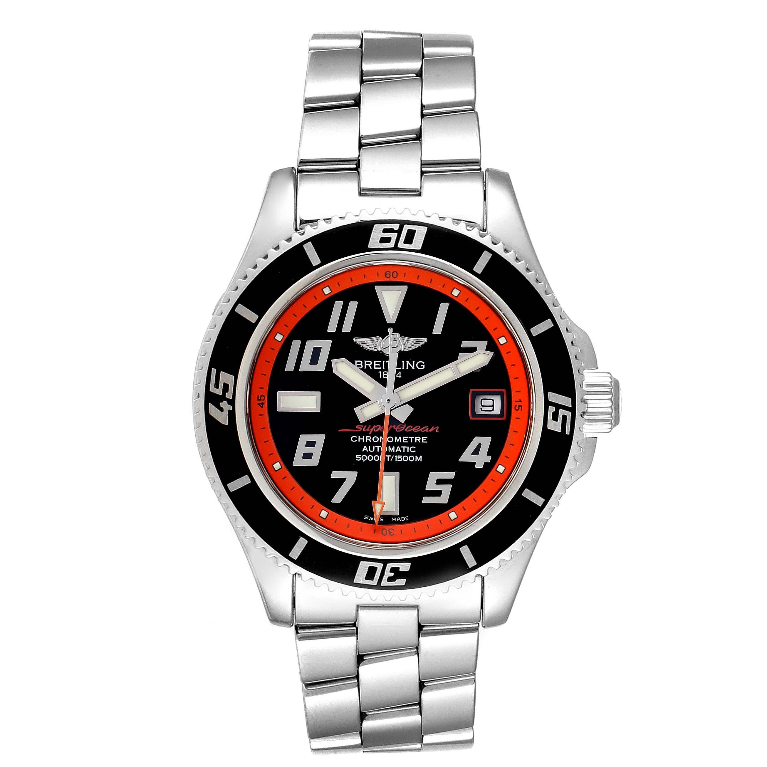 Breitling Superocean Abyss Orange Limited Edition Watch A17364 Box Papers. Authomatic self-winding movement. Stainless steel case 42.0 mm in diameter. Stainless steel screwed-down crown and pushers. Stainless steel unidirectional revolving bezel.