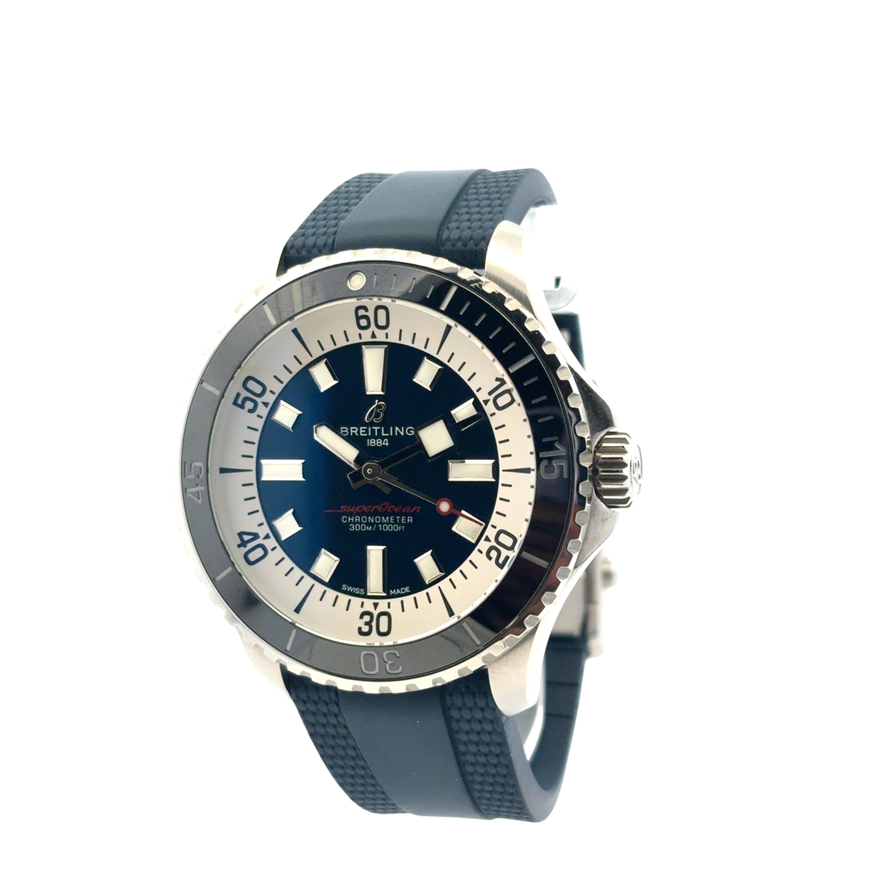 Breitling SuperOcean Automático 44 A17376 con correa azul, papeles y caja de viaje en venta 11