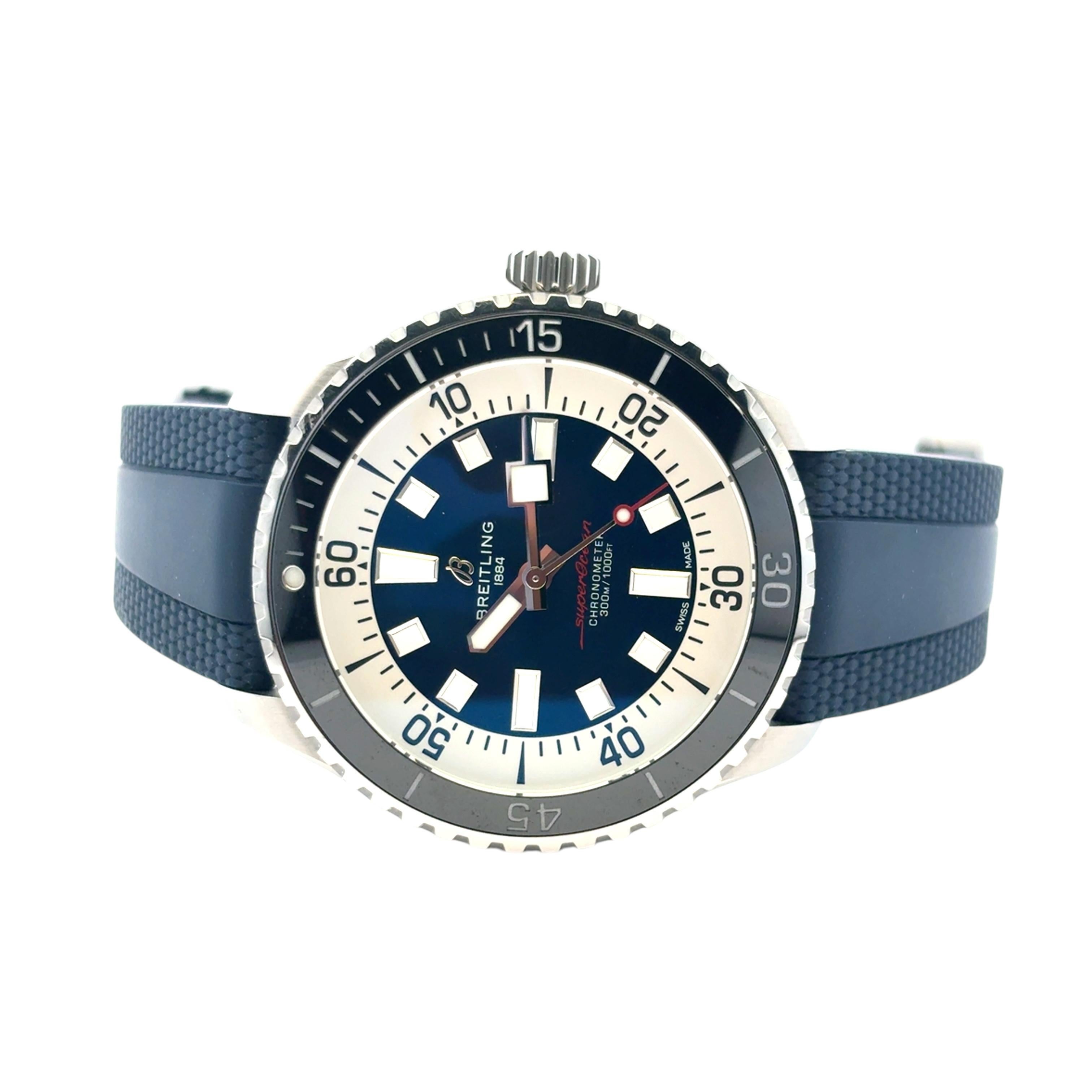 Breitling SuperOcean Automático 44 A17376 con correa azul, papeles y caja de viaje en venta 13