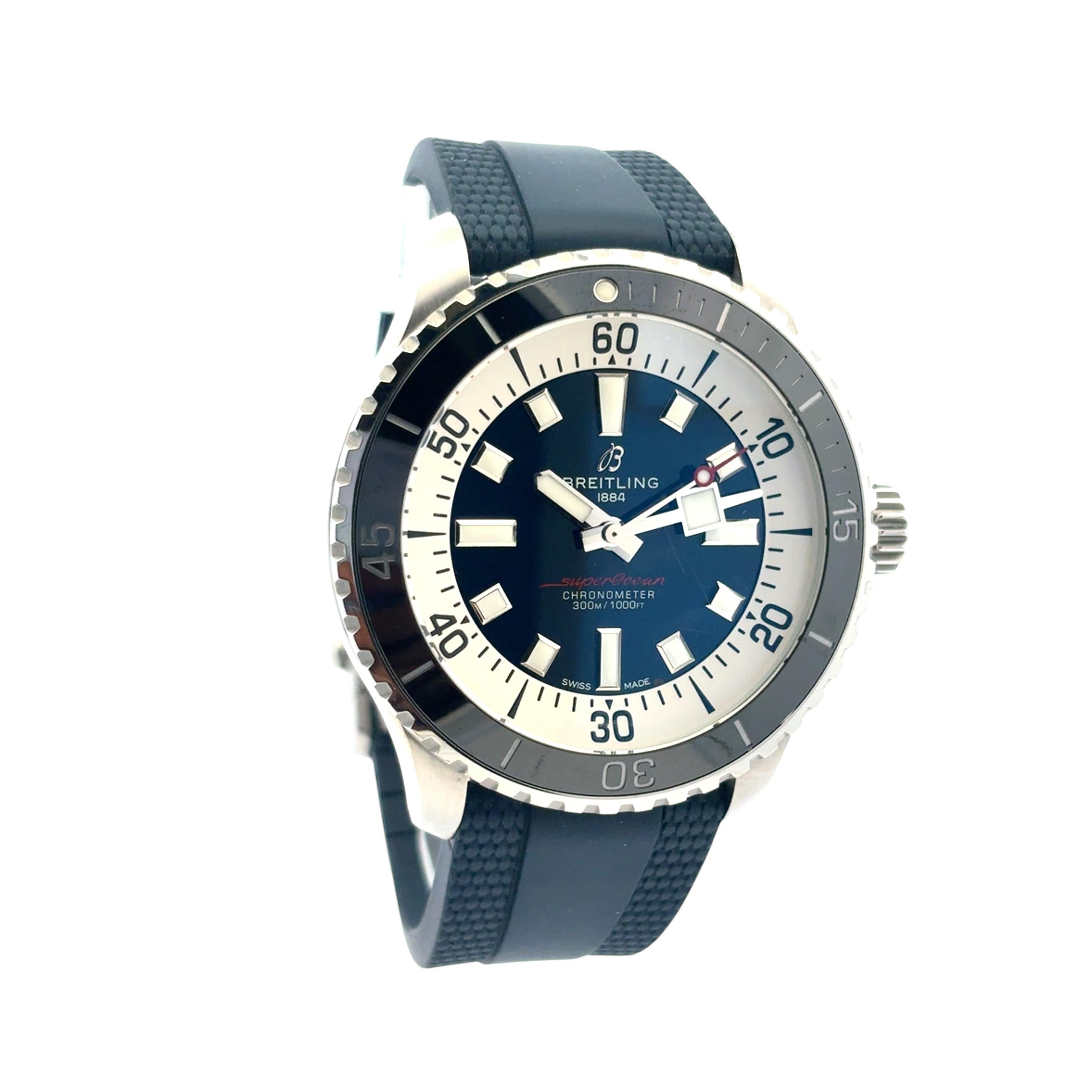 Breitling SuperOcean Automático 44 A17376 con correa azul, papeles y caja de viaje

Este impresionante Reloj Breitling SuperOcean A17376 está en excelentes condiciones, con pequeños arañazos en el cristal. ¡También está listo para ser
