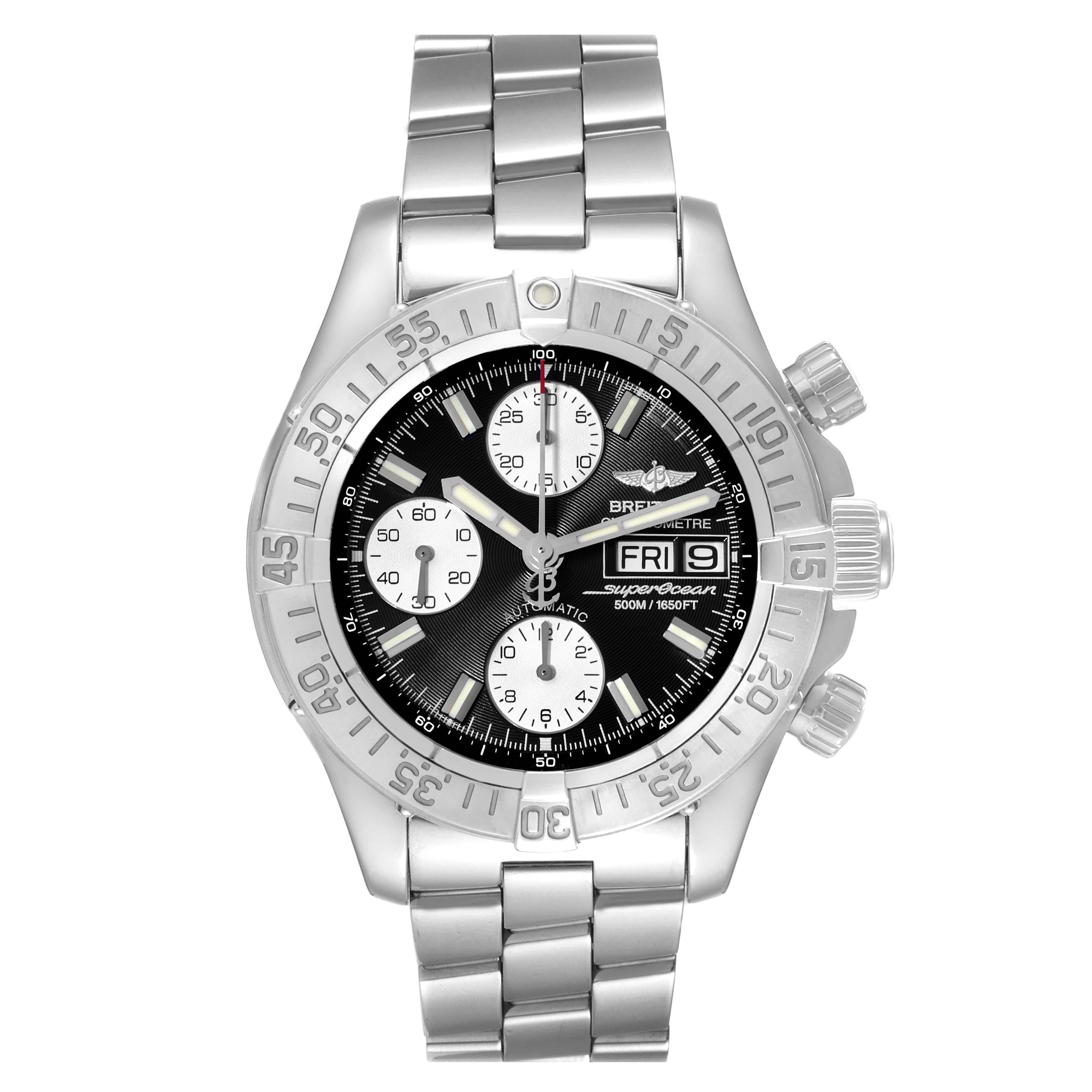 Breitling Superocean Black Dial Chronograph Steel Mens Watch A13340 Papers. Automatic self-winding chronograph  movement. Stainless steel case 42.0 mm in diameter. Stainless steel screwed-down crown and pushers. Stainless steel unidirectional