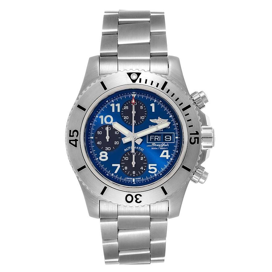 Breitling SuperOcean Blue Dial Chronograph II Herrenuhr A13341 Box Card. Automatisches Chronographenwerk mit Automatikaufzug. Gehäuse aus Edelstahl mit einem Durchmesser von 44.0 mm. Unidirektionale Drehlünette aus Edelstahl. Kratzfestes Saphirglas.