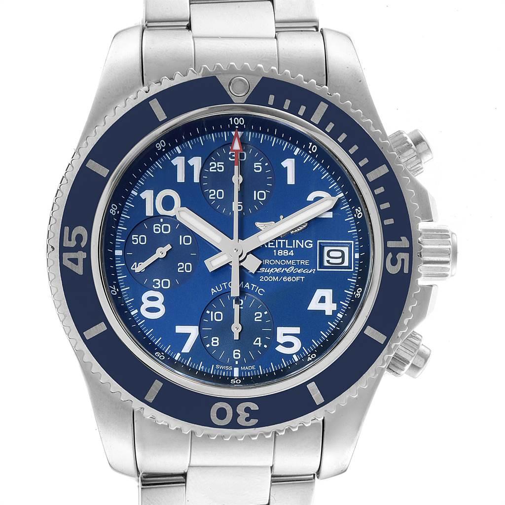 Breitling Superocean Chronograph 42 Blue Dial Mens Watch A13311. Authomatic self-winding movement. Stainless steel case 42.0 mm in diameter. Stainless steel screwed-down crown and pushers. Blue stainless steel unidirectional revolving bezel. 0-60