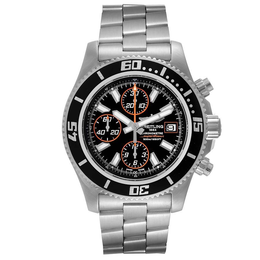 Breitling SuperOcean Chronograph II Orange Abyss Dial Watch A13341 Box Papers. Automatic self-winding movement. Stainless steel case 44.0 mm in diameter. Black unidirectional revolving bezel with black ion-plated top ring. Scratch resistant sapphire