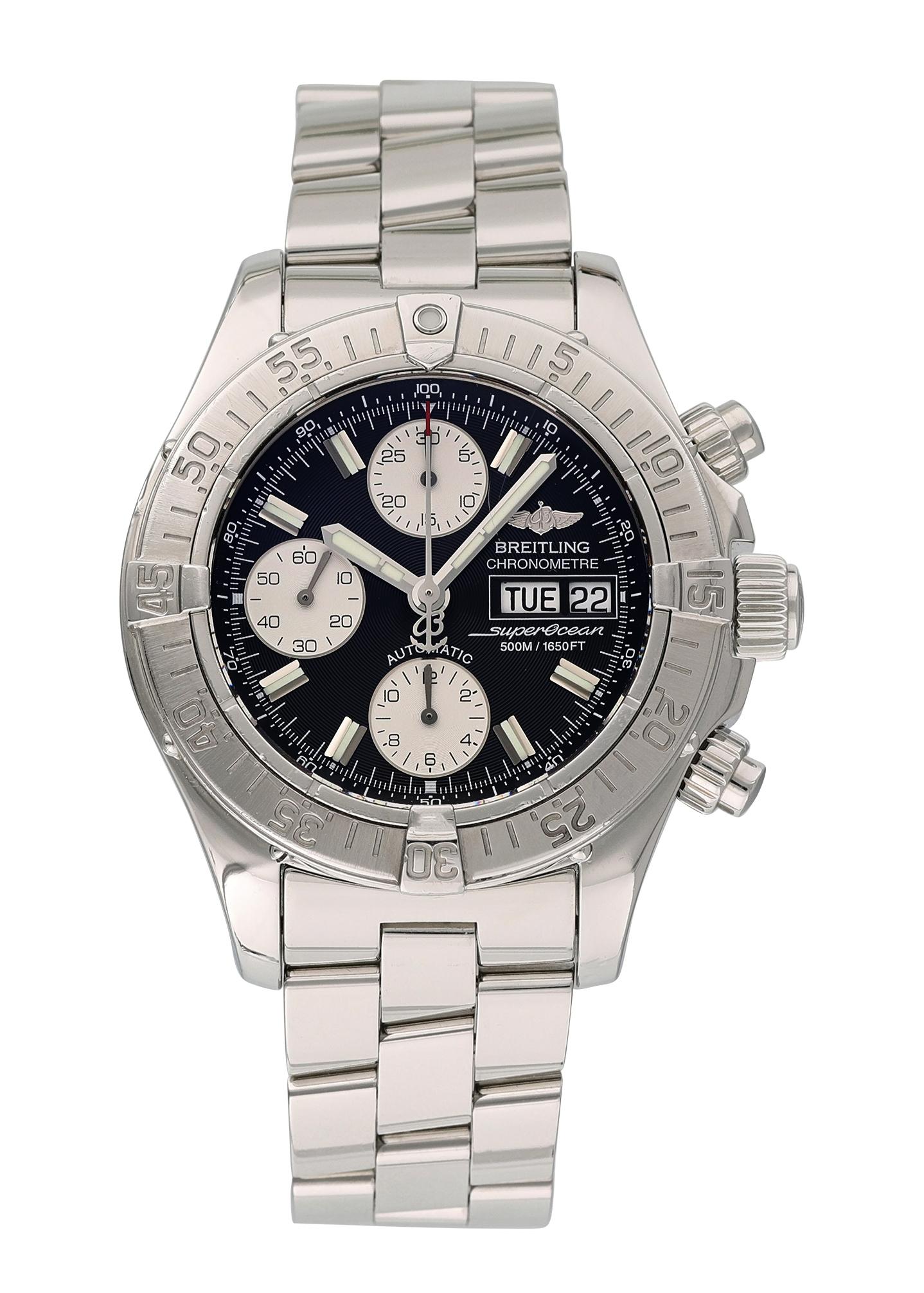 Breitling SuperOcean Day Date A13340 Diver Men's Watch
42mm Stainless Steel case. 
Stainless Steel Unidirectional bezel. 
Black dial with Luminous Steel hands and index hour markers. 
Minute markers on the outer dial. 
Date display at the 3 o'clock