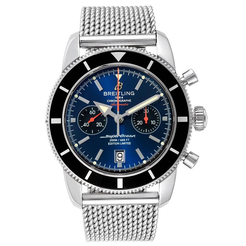 Breitling Superocean Chronograph Blue Dial Mens Watch A13311 Box Papers. Authomatic self-winding movement. Stainless steel case 42.0 mm in diameter. Stainless steel screwed-down crown and pushers. Blue stainless steel unidirectional revolving bezel.