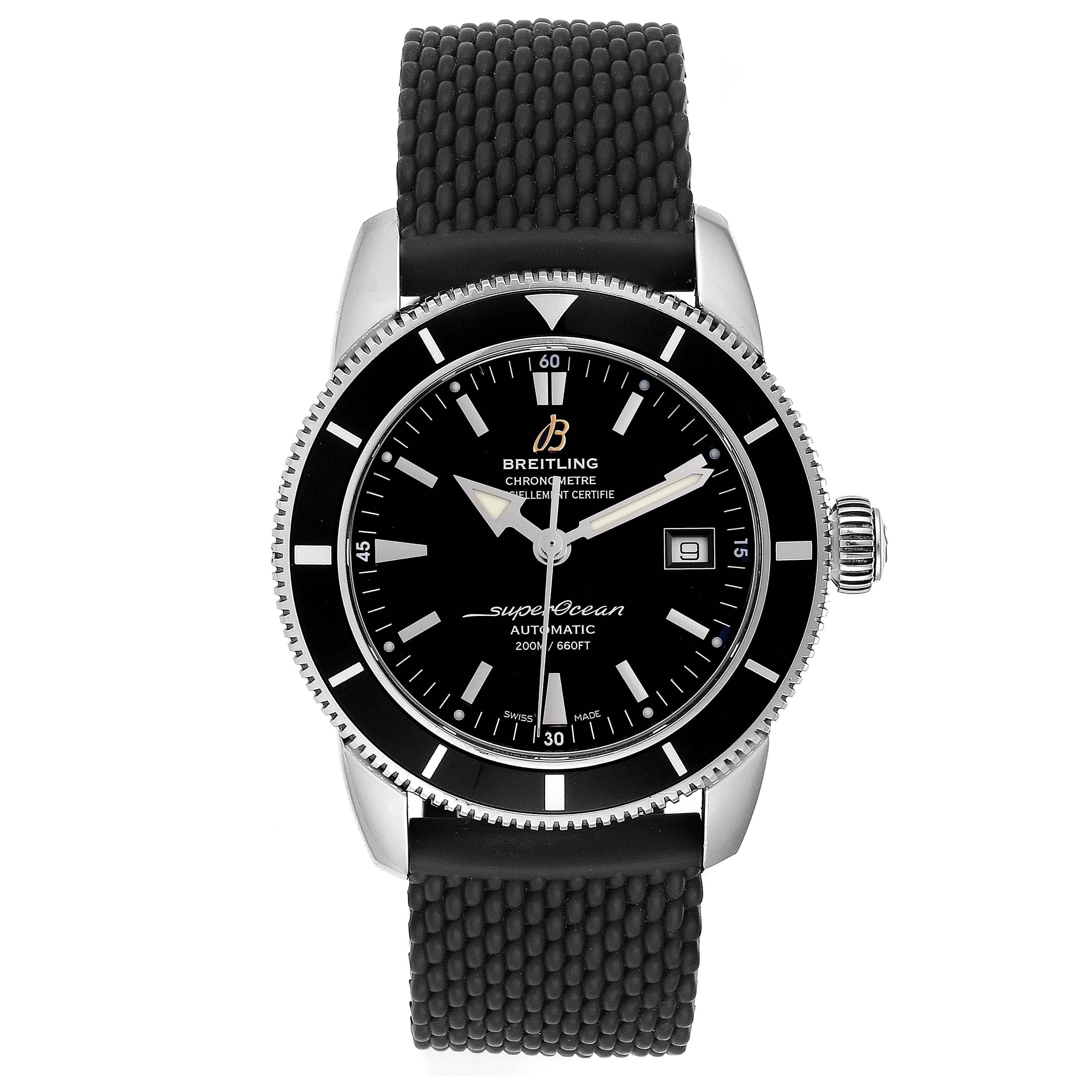 Breitling Superocean Heritage 42 Black Dial Steel Mens Watch A17321. Automatic self-winding movement. Stainless steel case 42.0 mm in diameter. Stainless steel screwed-down crown. Black unidirectional revolving bezel. Scratch resistant sapphire