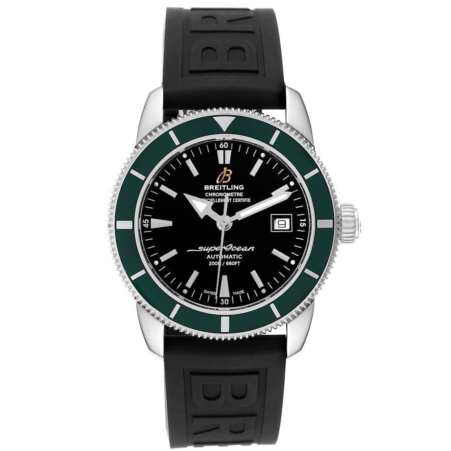 Breitling Superocean Heritage 42 Green Bezel Mens Watch A17321. Automatic self-winding movement. Stainless steel case 42.0 mm in diameter. Stainless steel screwed-down crown. Green unidirectional revolving bezel. Scratch resistant sapphire crystal.