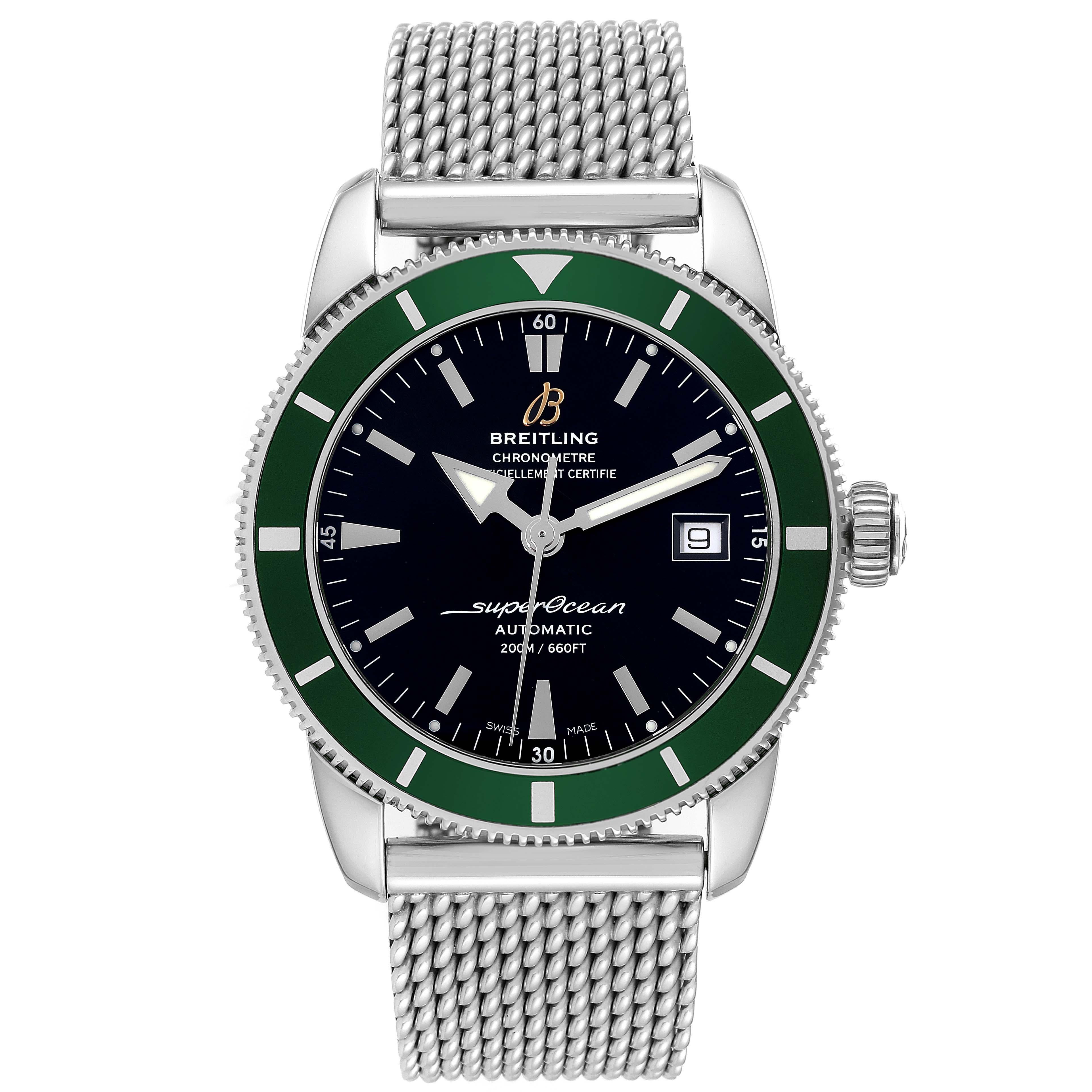 Breitling Superocean Heritage 42 Green Bezel Steel Mens Watch A17321 Box Papers. Automatic self-winding movement. Stainless steel case 42.0 mm in diameter. Stainless steel screwed-down crown. Green unidirectional rotating bezel. Scratch resistant