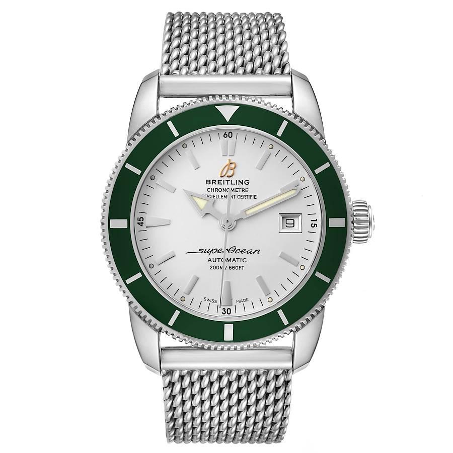 Breitling Superocean Heritage 42 Green Bezel Steel Mens Watch A17321. Automatic self-winding movement. Stainless steel case 42.0 mm in diameter. Stainless steel screwed-down crown. Green unidirectional revolving bezel. Scratch resistant sapphire