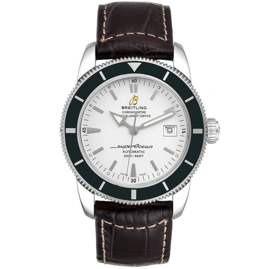 Breitling Superocean Heritage 42 Green Bezel Steel Watch A17321 Box Papers. Automatic self-winding movement. Stainless steel case 42.0 mm in diameter. Stainless steel screwed-down crown. Green unidirectional revolving bezel. Scratch resistant
