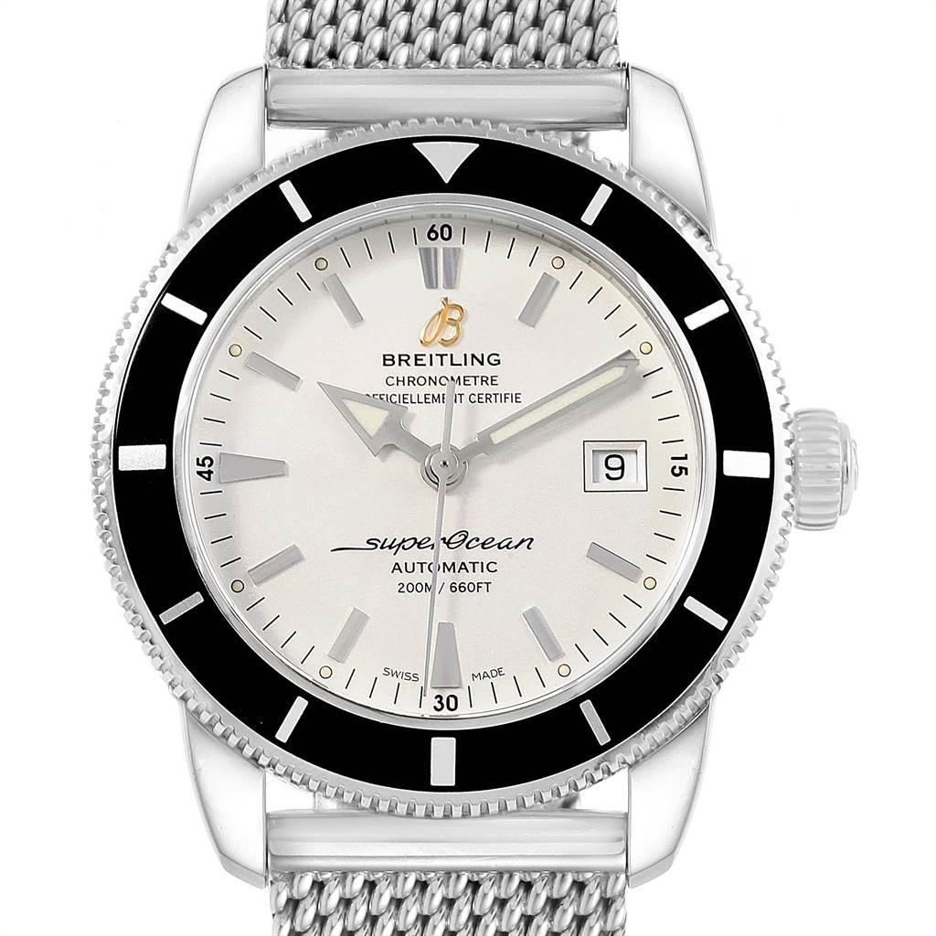 Breitling Superocean Heritage 42 Mesh Bracelet Steel Mens Watch A17321. Automatic self-winding movement. Stainless steel case 42 mm in diameter. Stainless steel screwed-down crown. Black unidirectional revolving bezel. Scratch resistant sapphire