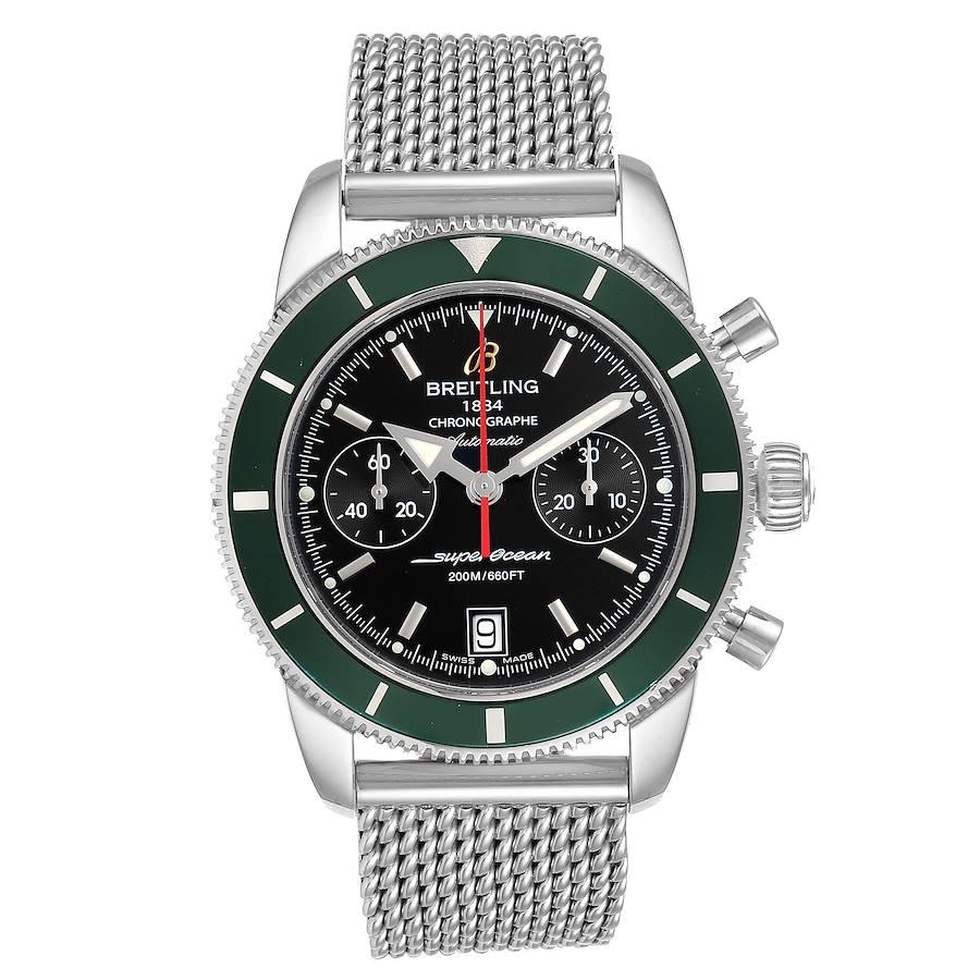 Breitling SuperOcean Heritage 44 Green Bezel Chronograph Watch A23370. Authomatic self-winding movement. Stainless steel case 44.0 mm in diameter. Stainless steel screwdown crown. Lapidated lugs. Case Thickness: 16.20mm. Green unidirectional