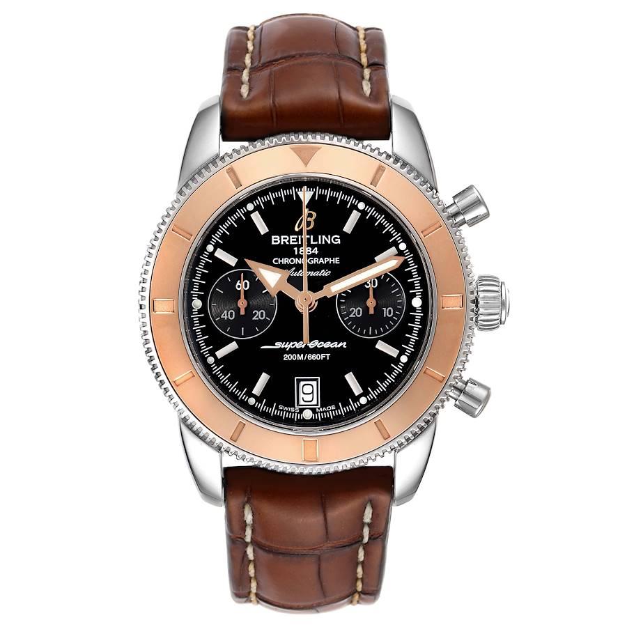 Breitling SuperOcean Heritage 44 Steel Rose Gold Mens Watch U23370. Authomatic self-winding movement. Stainless steel case 44 mm in diameter. Stainless steel screwdown crown. Lapidated lugs. Case Thickness: 16.20mm. Uni-directional rotating 18k rose