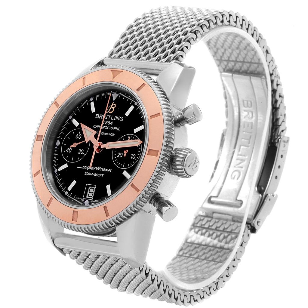 Breitling SuperOcean Heritage 44 Steel Rose Gold Watch U23370 Box Papers. Automatic self-winding movement. Stainless steel case 44 mm in diameter. Stainless steel screwdown crown. Lapidated lugs. Case Thickness: 16.20mm. Uni-directional rotating