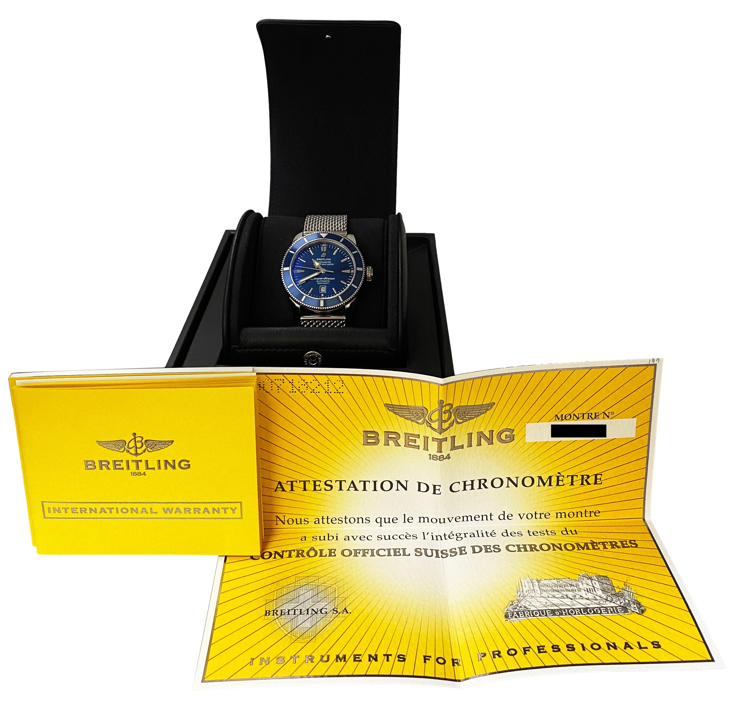 Breitling Superocean Heritage 46 A172C34OCA Mens Watch. 46mm stainless steel case. Stainless steel unidirectional rotating bezel with blue insert. Blue dial with steel hands and index hour marker. Date display at 6 o'clock position. Minute marker on