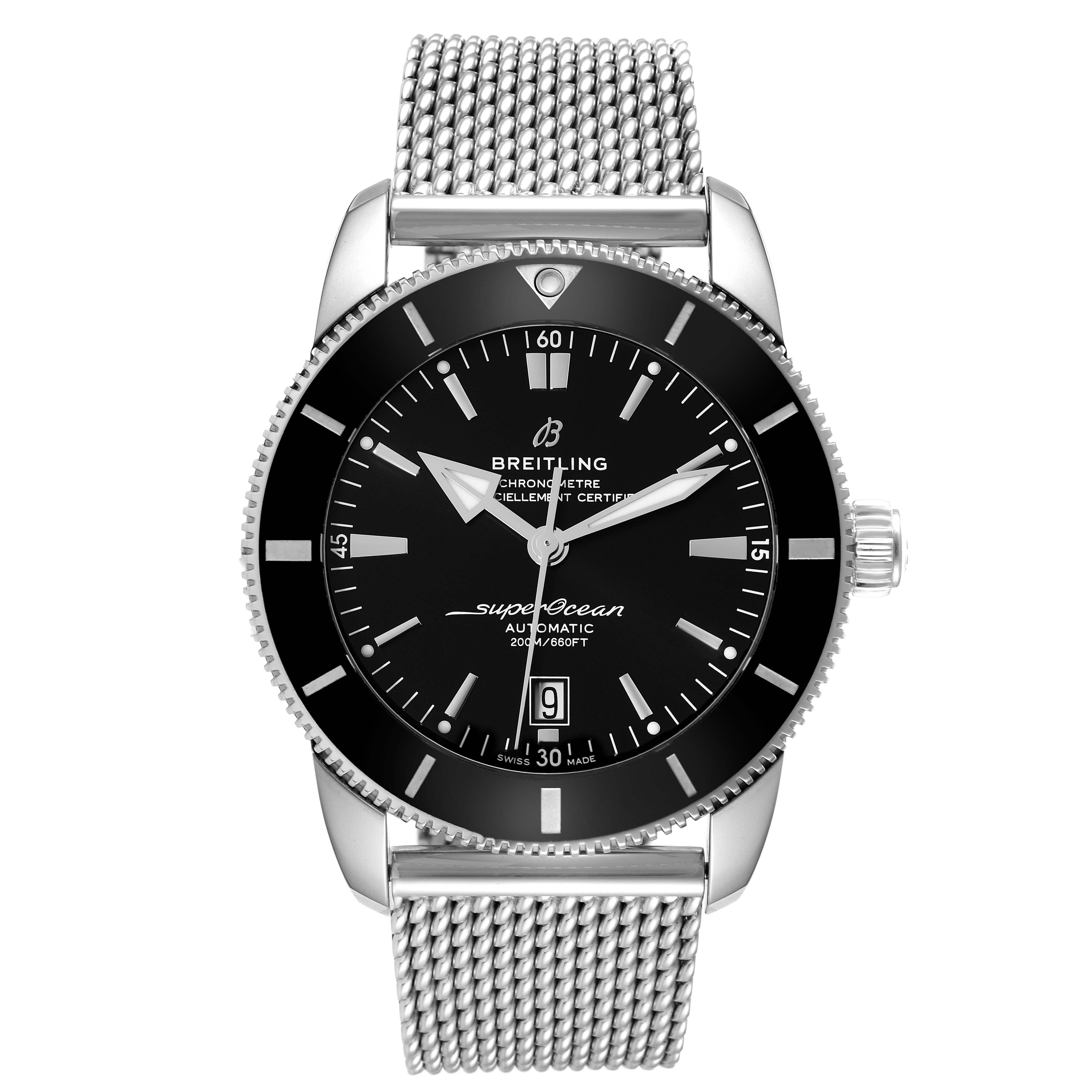 Breitling Superocean Heritage 46 Black Dial Steel Mens Watch AB2020 Box Card. Automatic self-winding movement. Stainless steel case 46 mm in diameter. Stainless steel screwed-down crown. Black unidirectional rotating bezel. Scratch resistant