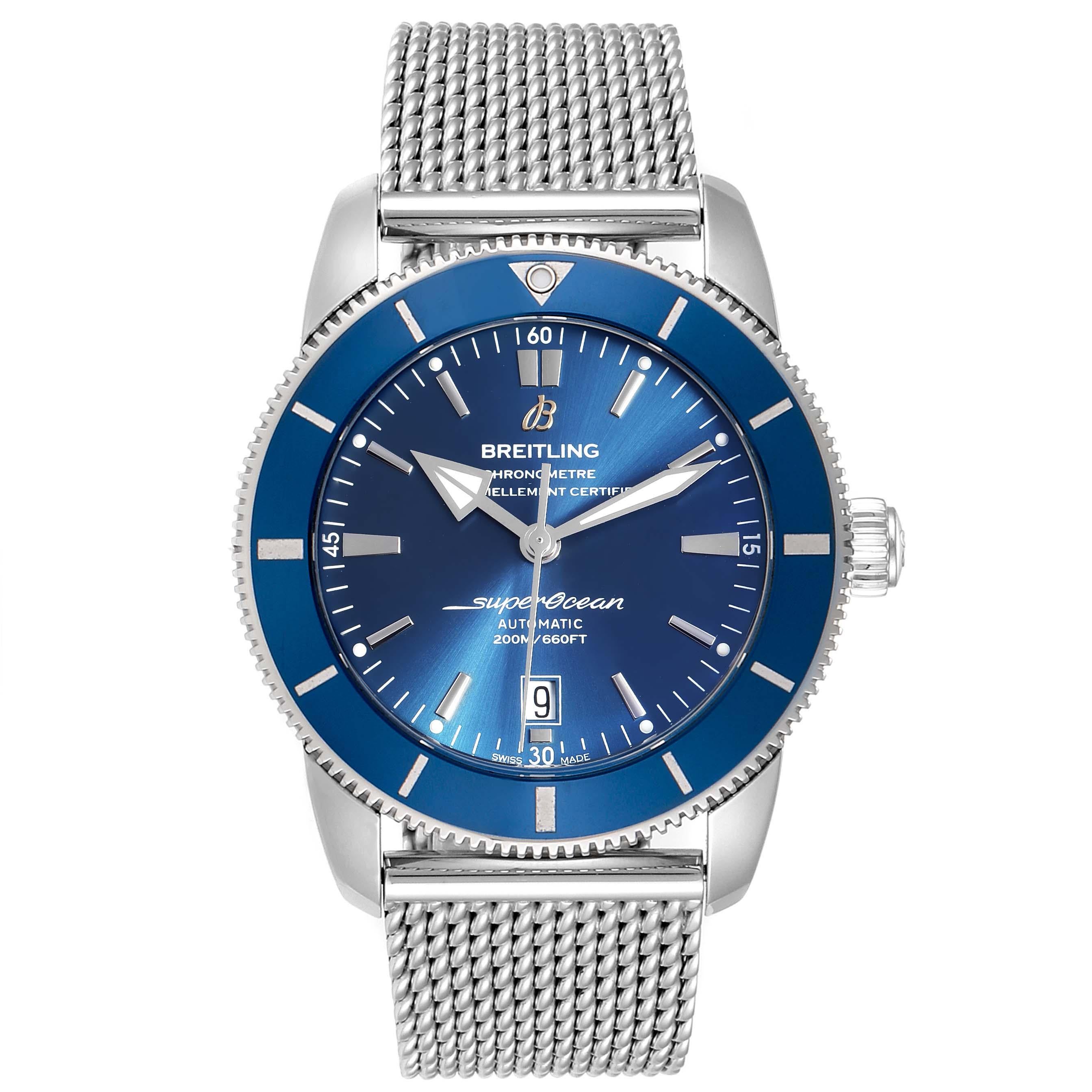 Breitling Superocean Heritage 46 Blue Dial Mens Watch AB2020 Box Card. Automatic self-winding movement. Stainless steel case 46 mm in diameter. Stainless steel screwed-down crown. Blue unidirectional revolving bezel. Scratch resistant sapphire