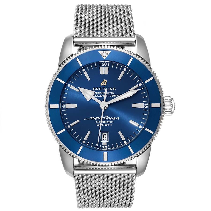 Breitling Superocean Heritage 46 Blue Dial Mens Watch AB2020 Box Card. Automatic self-winding movement. Stainless steel case 46 mm in diameter. Stainless steel screwed-down crown. Blue unidirectional revolving bezel. Scratch resistant sapphire