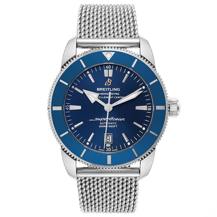 Breitling Superocean Heritage 46 Blue Dial Mens Watch AB2020 Box Papers. Automatic self-winding movement. Stainless steel case 46 mm in diameter. Stainless steel screwed-down crown. Blue unidirectional revolving bezel. Scratch resistant sapphire