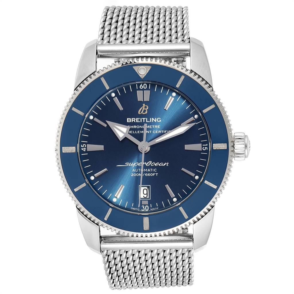 Breitling Superocean Heritage 46 Blue Dial Mesh Bracelet Watch AB2020. Automatic self-winding movement. Stainless steel case 46 mm in diameter. Stainless steel screwed-down crown. Blue unidirectional revolving bezel. Scratch resistant sapphire