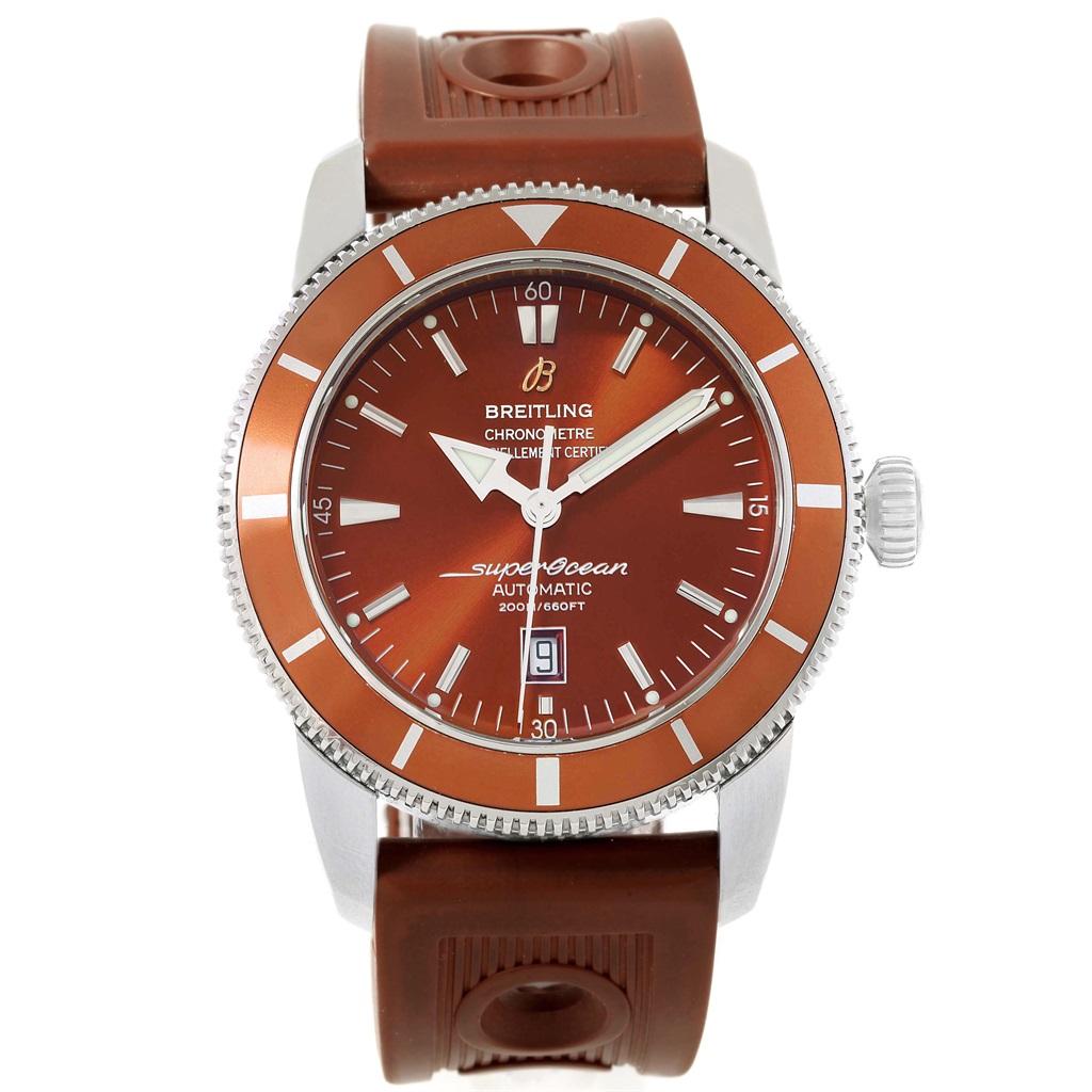 Breitling Superocean Heritage 46 Bronze Dial Rubber Strap Watch A17320. Automatic self-winding movement. Stainless steel case 46.0 mm in diameter. Stainless steel screwed-down crown. Bronze unidirectional revolving bezel. Scratch resistant sapphire